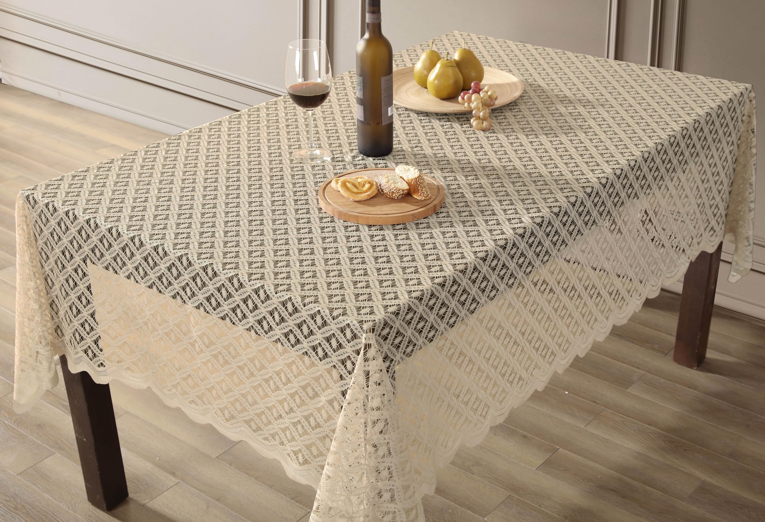 HLC.ME Sedona - Mantel de encaje, rectangular, 60 x 104 pulgadas, lino gris pardo | Mantel festoneado resistente a las arrugas, mantel de tela, ideal para bodas, baby shower y fiestas
