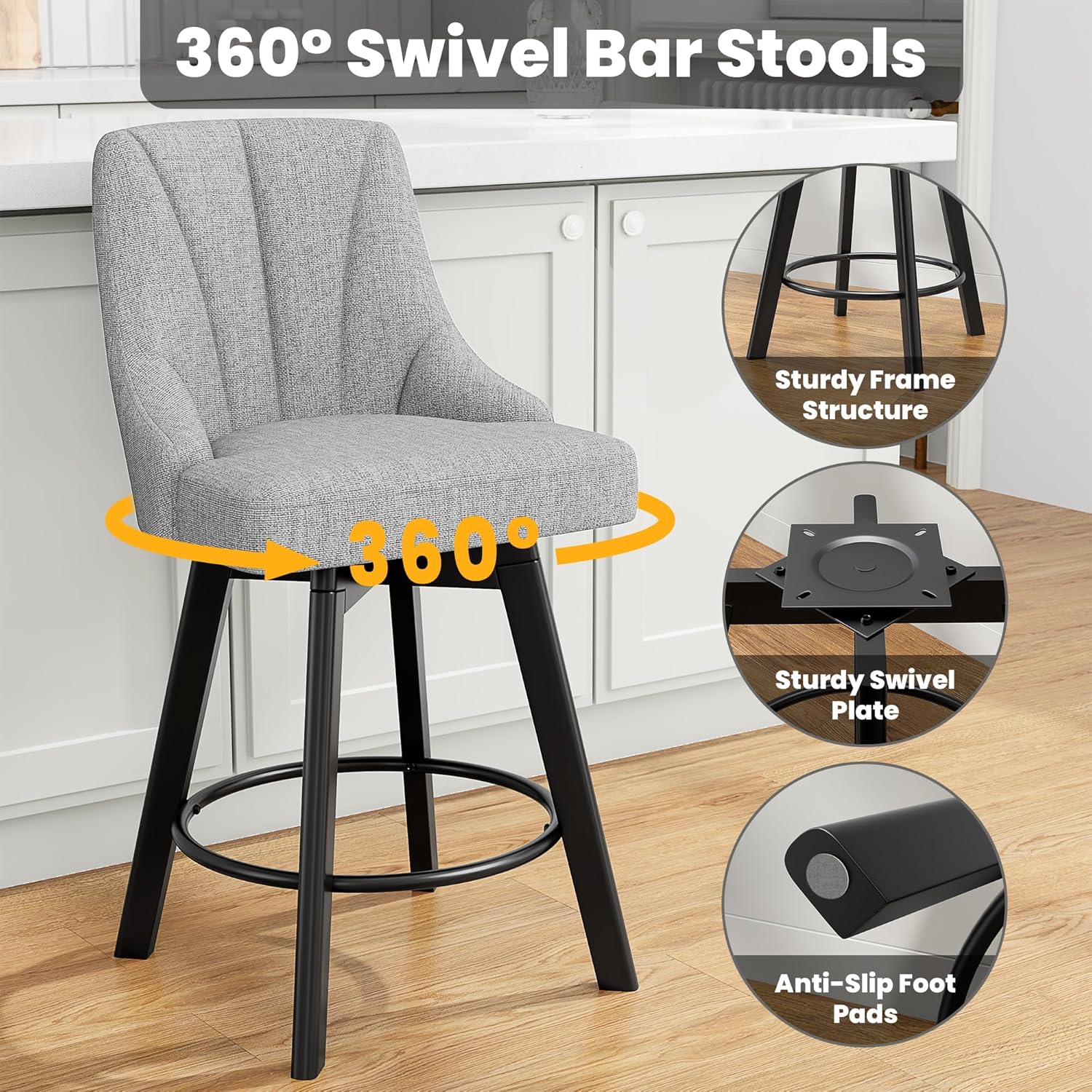 YaFiti Swivel Bar Stools with Backs, 24" Counter Height Bar Stools Set of 2, Fabric Upholstered Counter Barstools with Solid Wood Legs for Kitchen Island, Home Bar, Light Gray