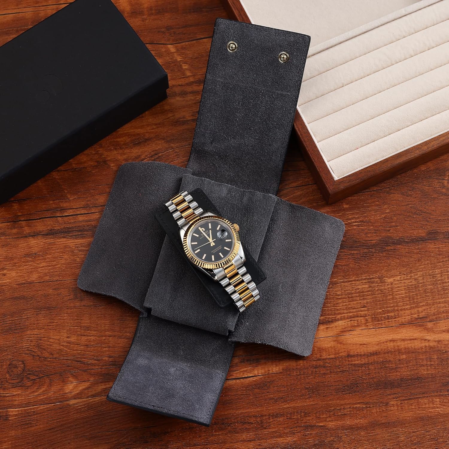 BUREI Leather Watch Travel Case Pouch Portable Watch Case for Men Single Watch Band Storage Bag Watch Accessories (Brown Black)