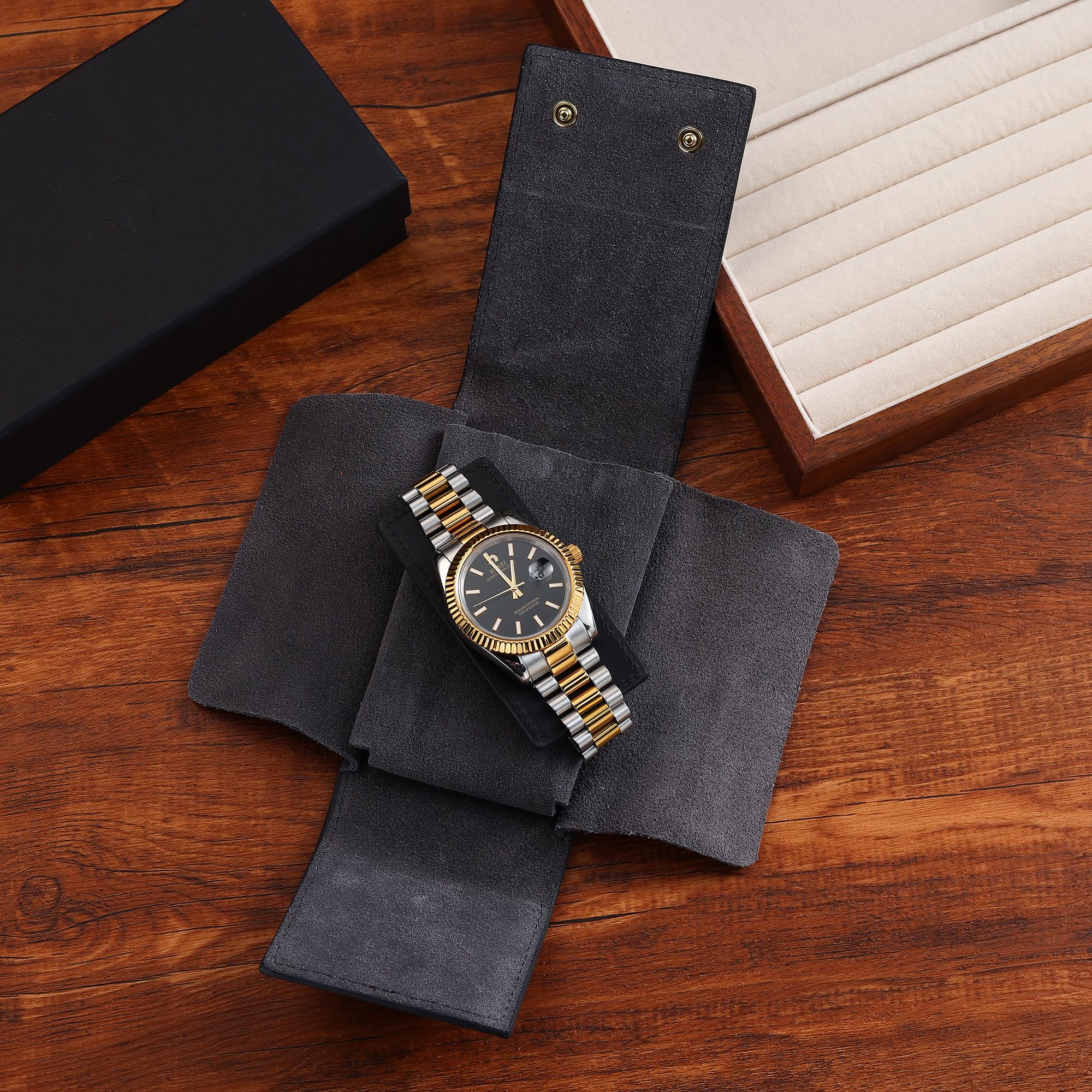 BUREI Leder Uhrenetui Tragbare Uhren Reisetasche Einzeluhr Reisetasche Uhrentasche Unterwegs Aufbewahrungstasche für Damen und Herren(Schwarz Grau)