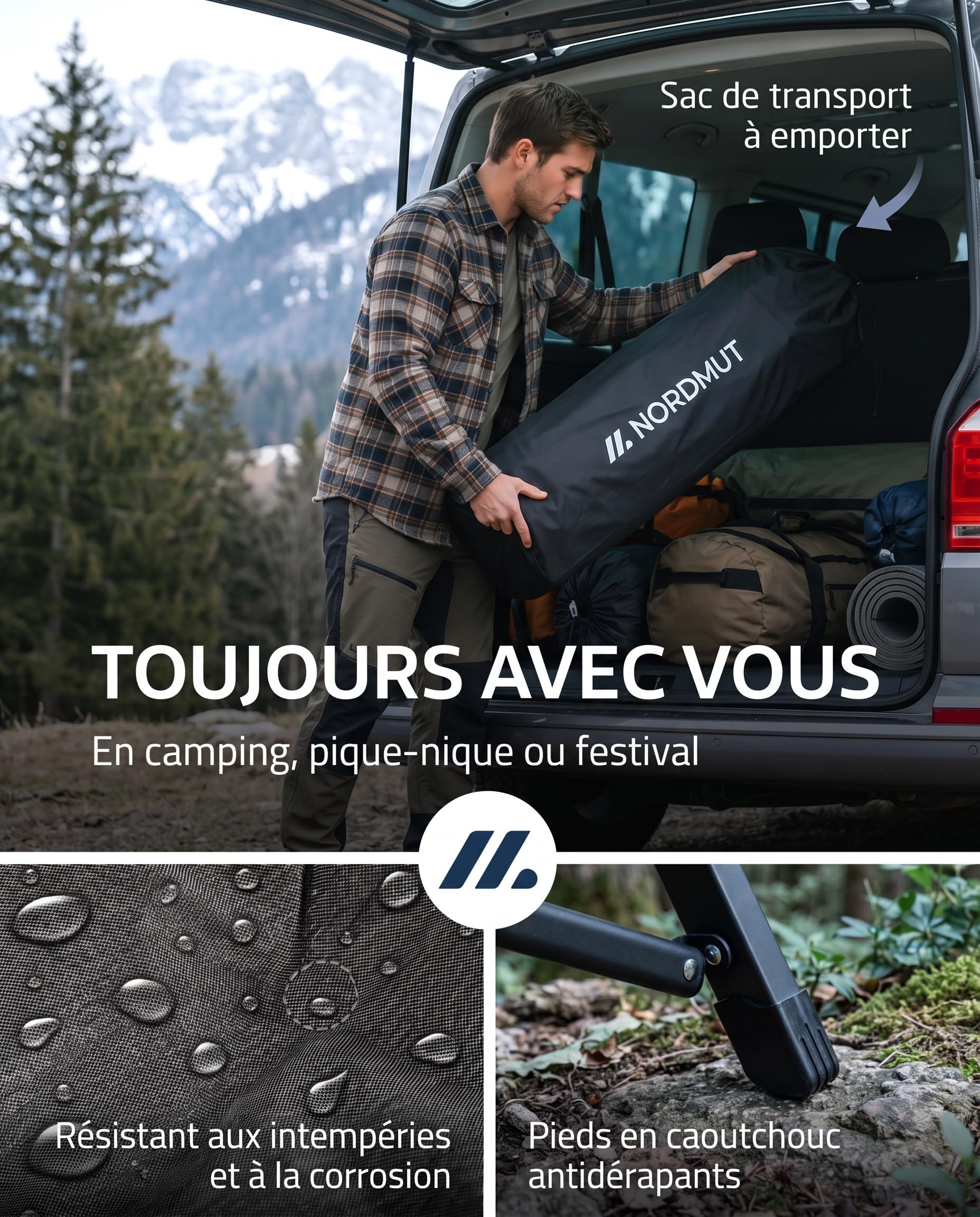 NORDMUT® Chaise de Camping Premium Pliante avec Dossier Haut – Stable réglable en 4 Positions – Chaise de Jardin Confortable supportant 140 kg pour Camping & Outdoor (Gris cendré 1x)