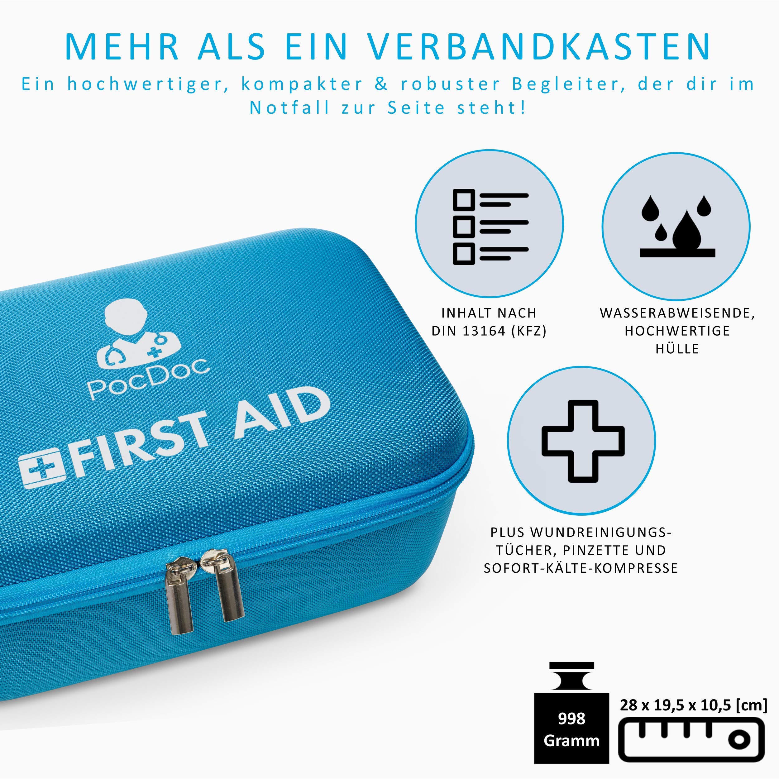 PocDoc Premium - Smarter Verbandskasten mit Erste Hilfe APP (iOS & Android) - KFZ DIN 13164 fürs Auto & Zuhause + Kühlkompresse, Pinzette & Wundreinigungstücher