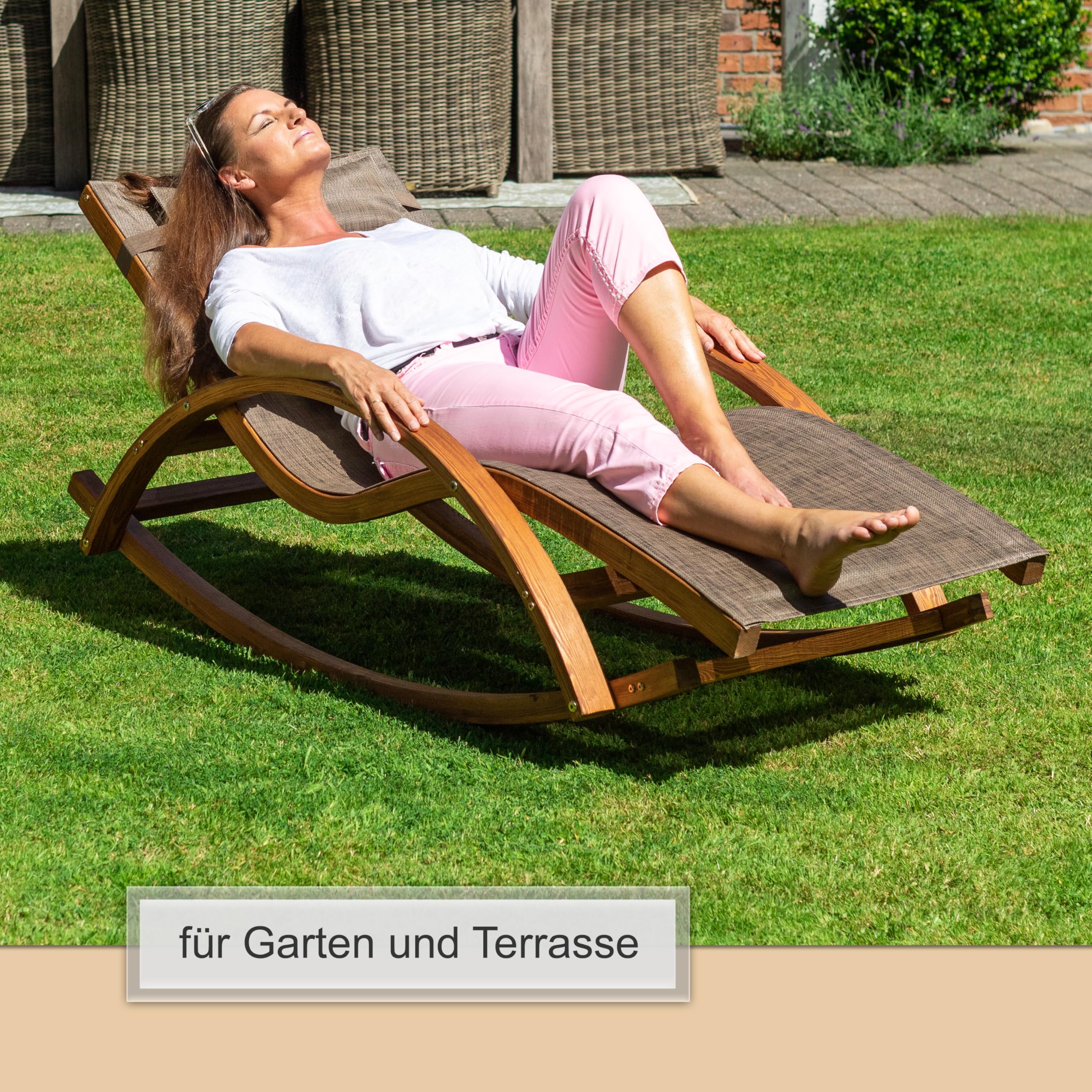 Ampel 24 Relax Schaukelstuhl Rio | Relaxliege mit Armlehnen, Gartenmöbel aus vorbehandeltem Holz, Stuhl Bespannung braun, wetterfeste Gartenliege