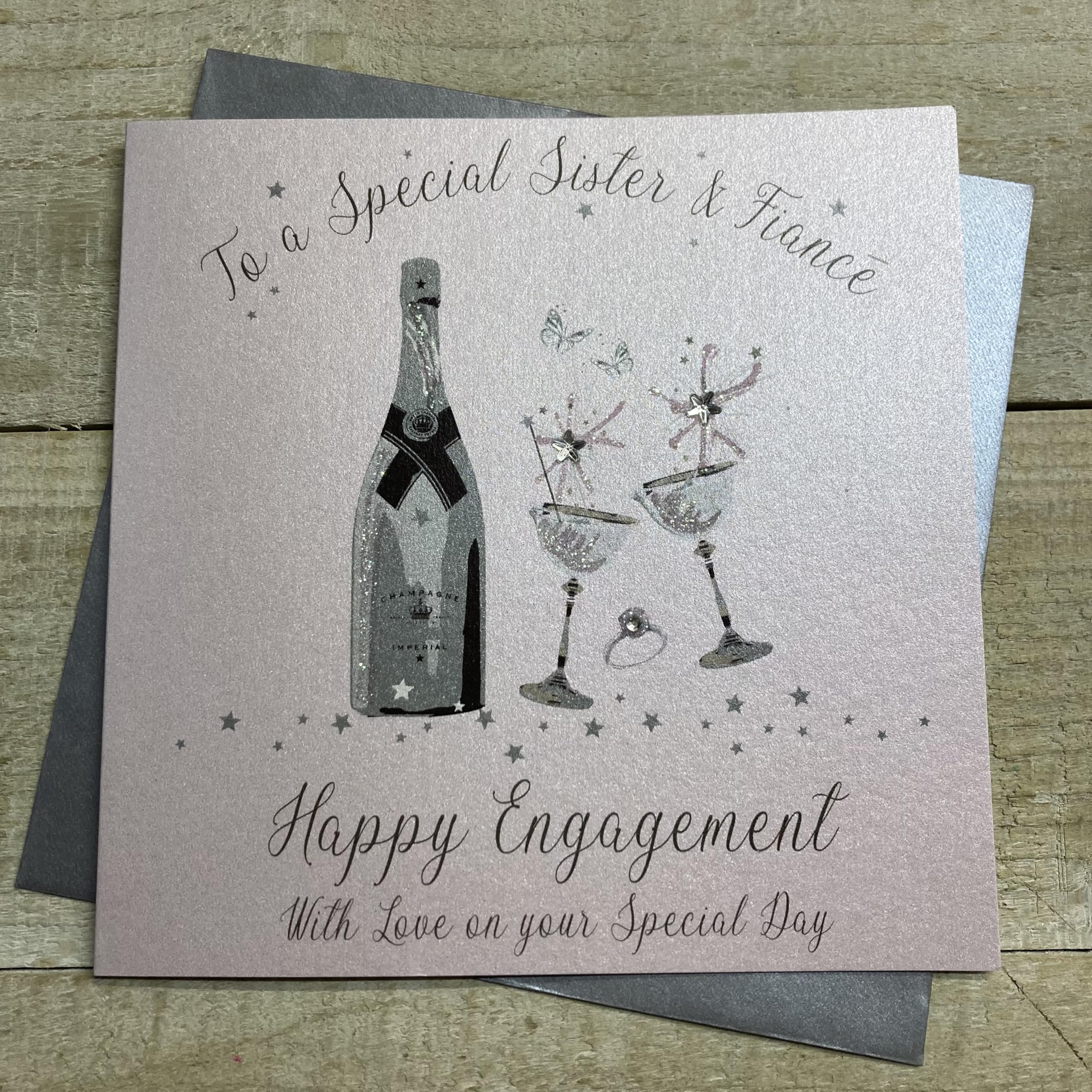 WHITE COTTON CARDS Special Sister and Fiance Engagement Handmade Card - Champagne Flutes SSM17-SIS
