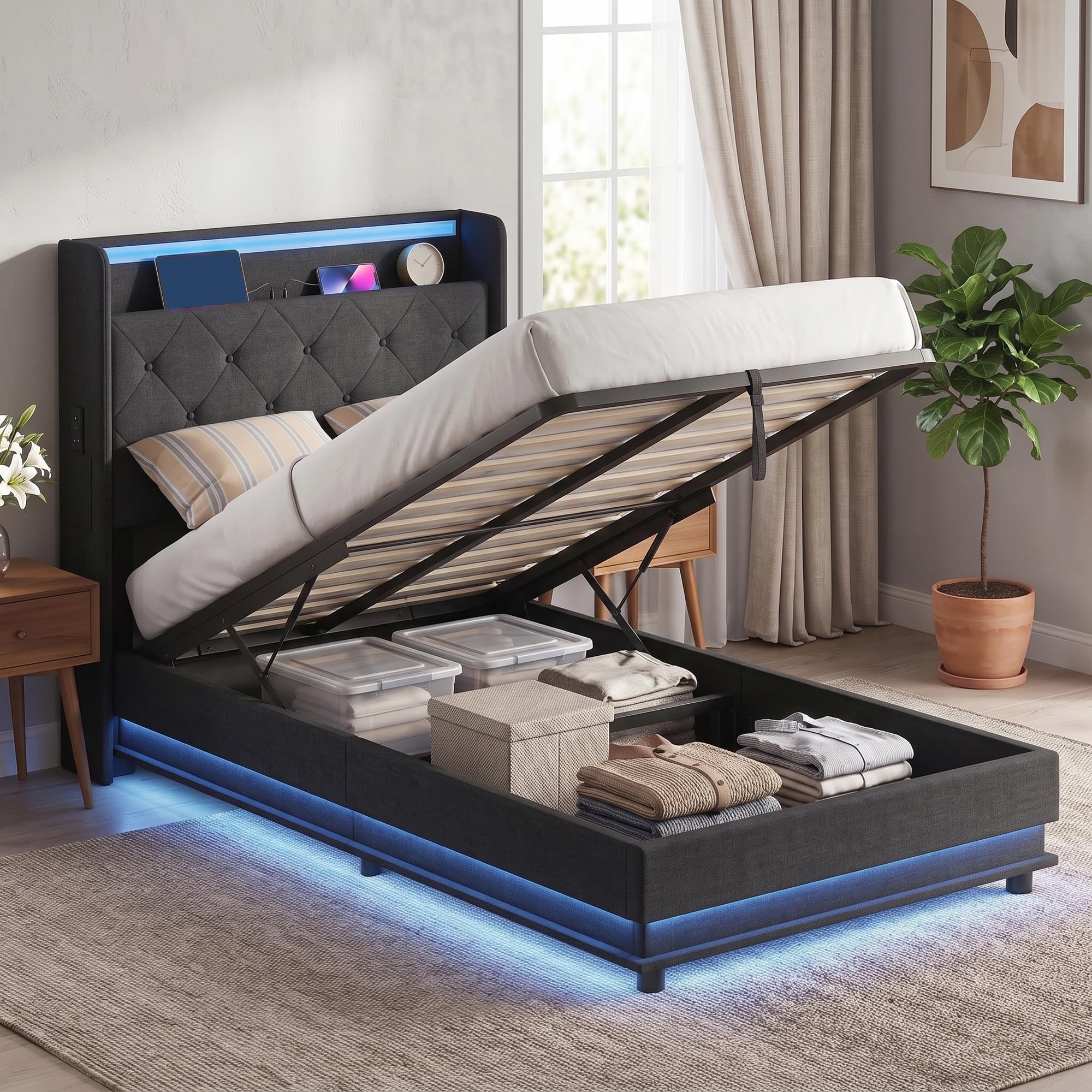 HOMCOM Ottoman Single Bed Frame with 360° LED Lights, Black, 90x190cm