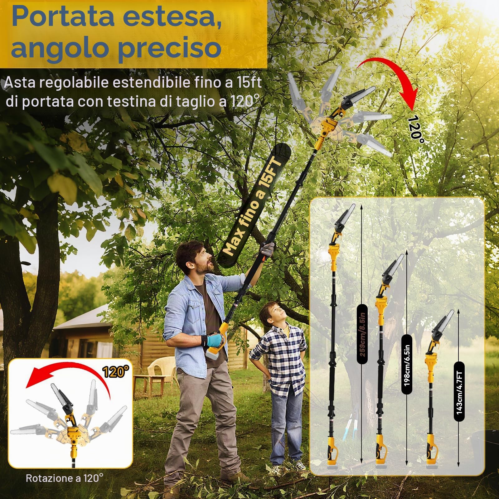 Roadtime Sega a catena telescopica a batteria 2 in 1 & 8 pollici per DeWalt 20 V (senza batteria), sega da potatura senza spazzole con 2 catene di ricambio, per rami degli alberi, taglio del legno