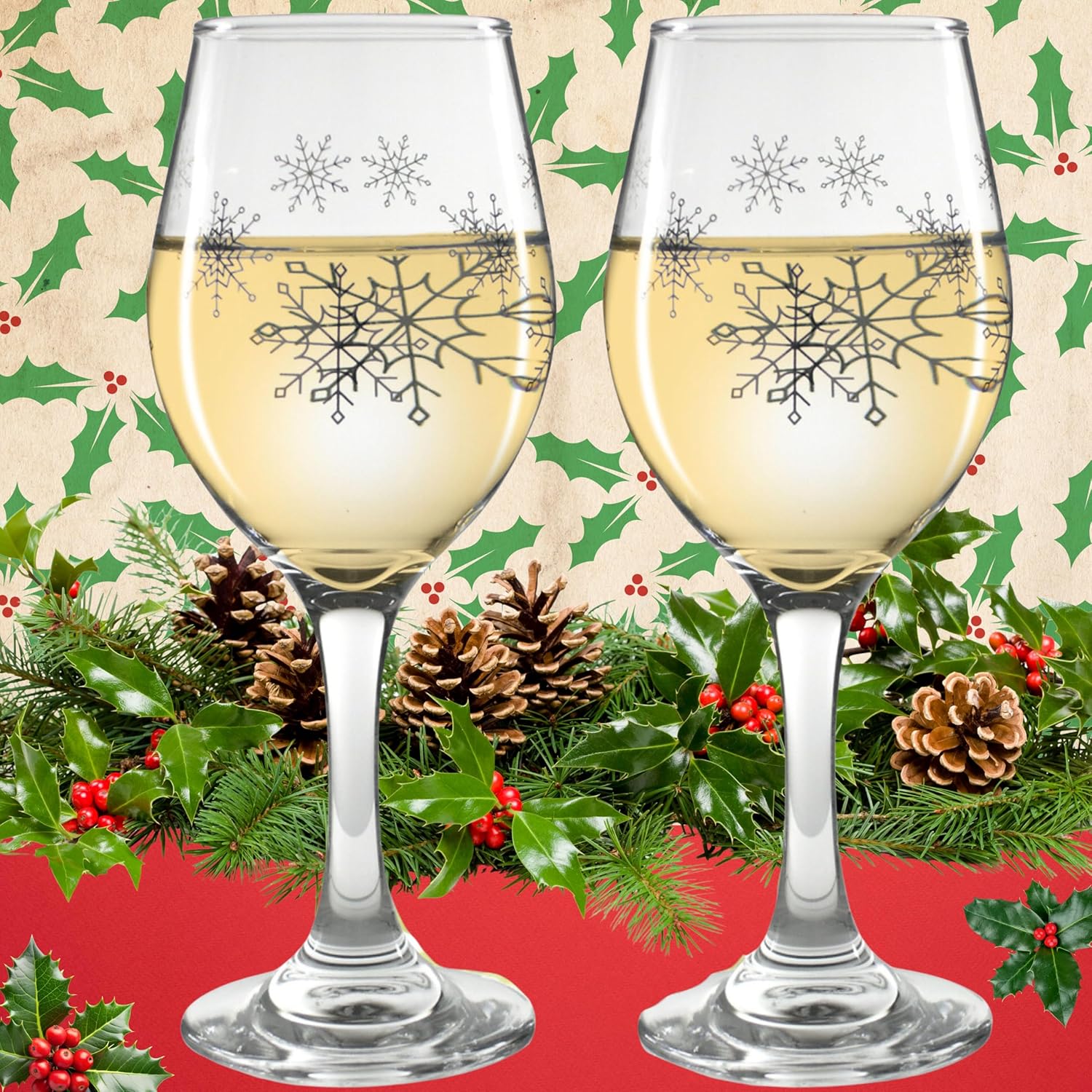 Snowflake Wine Glasses - Stemmed Wine Glasses with Silver Snowflake Designs Printed on each Side - Set of 2-7.75" H - 12 oz Capacity - Image 4