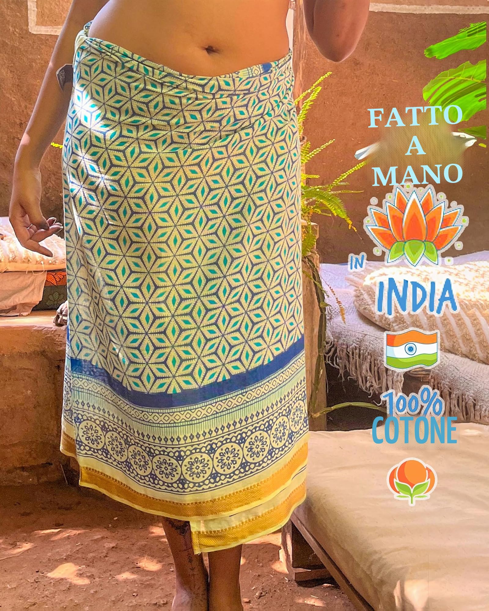Mandala Life ART Pareo da Spiaggia Donna Stampato a Mano – Sarong Indiano con Bordo Dorato – Cotone Morbido