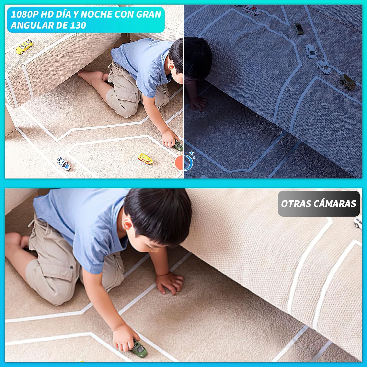 Split image showing a child playing on a rug, with one side depicting clear daytime vision and the other side showing clear night vision from the camera.