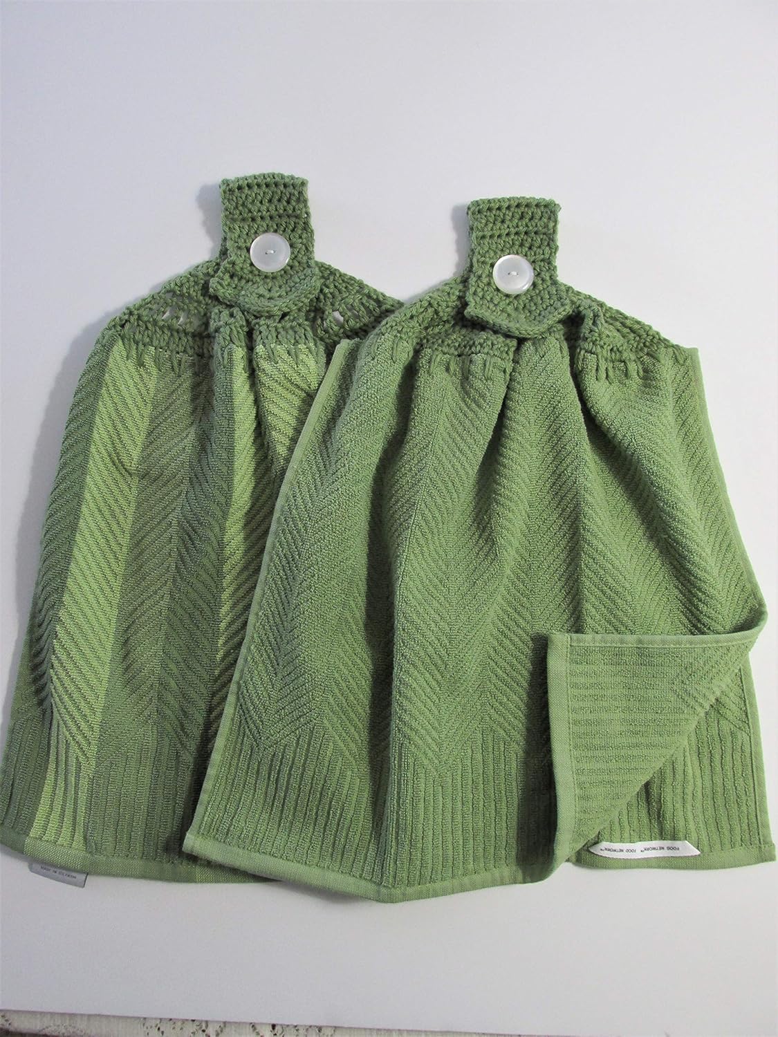 Set of 2 Green Doubled Chevron Design Hanging Kitchen Towels with Green Cotton Crochet Top