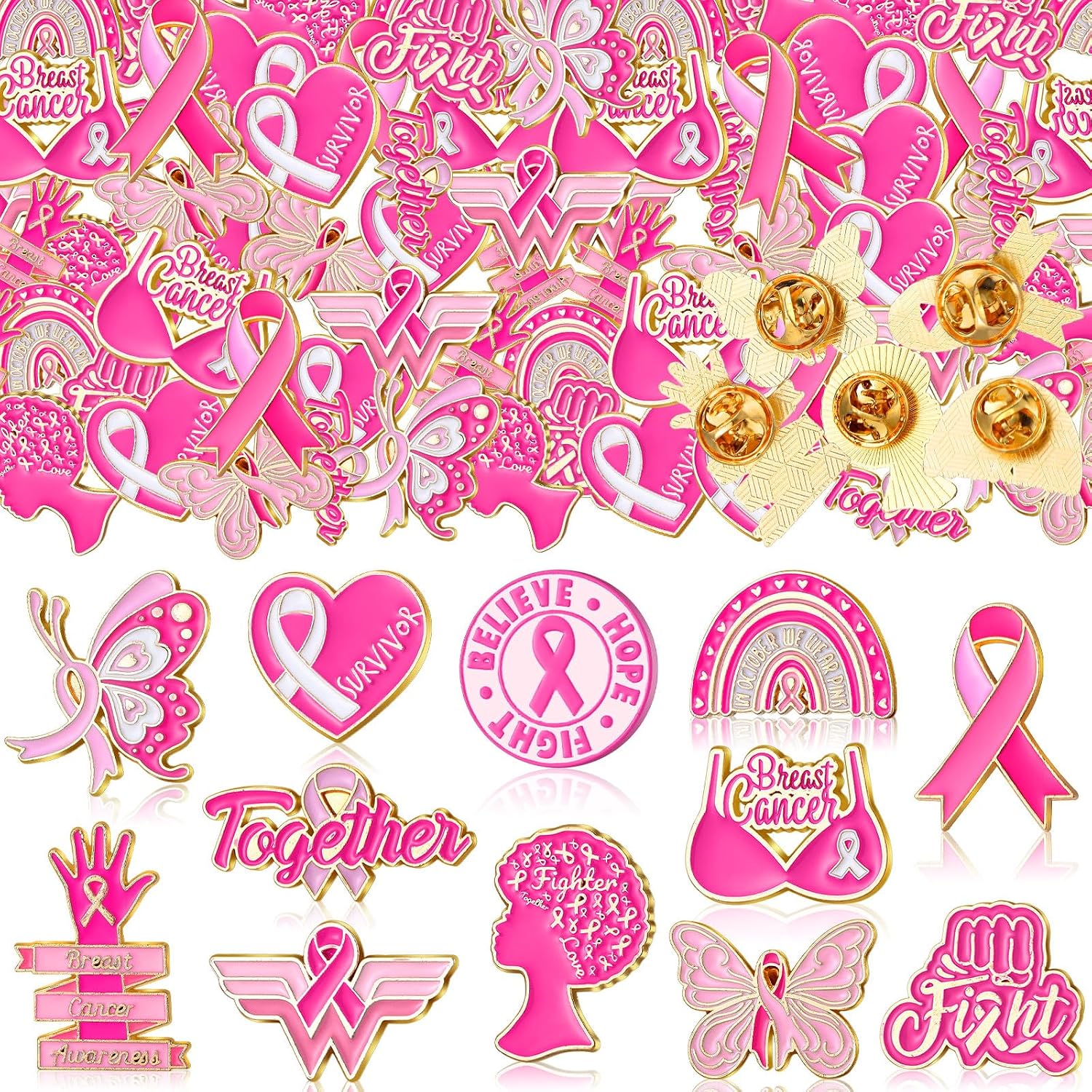 Landical 60 Pcs All Cancer Awareness Pins Bulk Breast Cancer Awareness Lapel Pins Pink Multicolor Ribbon Items Supplies for Hats Backpacks Clothing Women Gifts