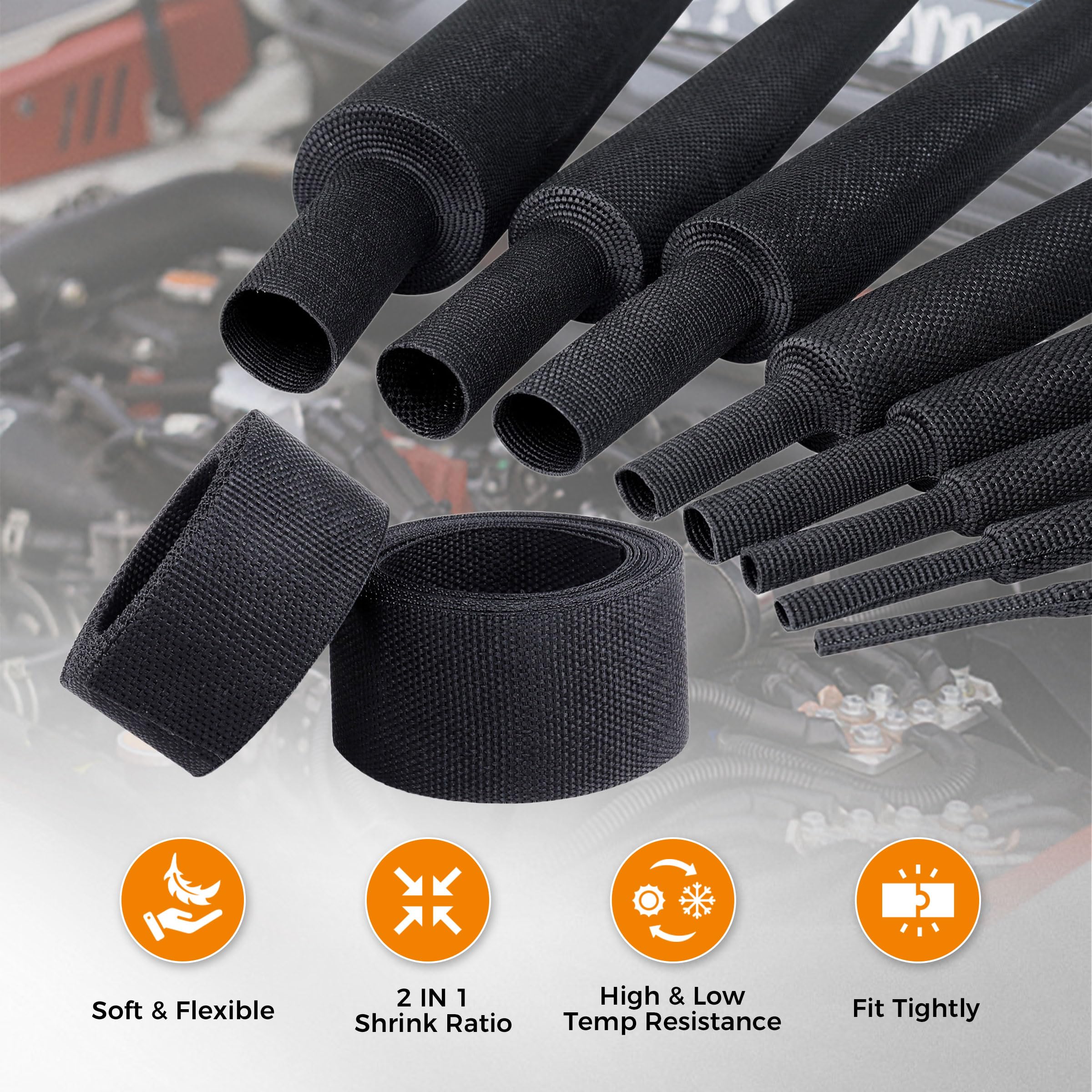Protector de manguera termorretráctil plano negro de 2-1/4 pulgadas, resistente a la abrasión, funda protectora para cable para soplete de soldadura, manguera hidráulica (20 pies (240