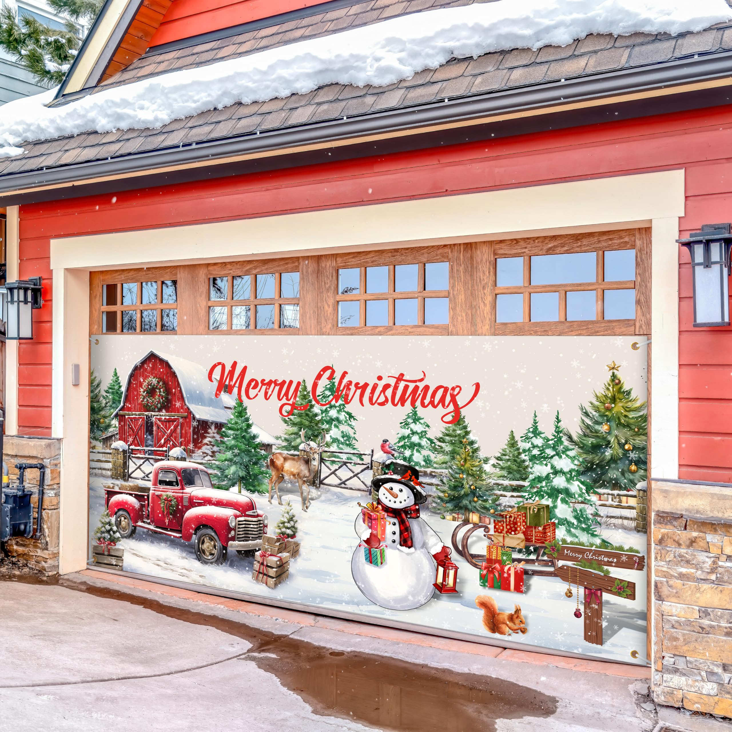Weihnachts-Garagentor Banner – 2,1 X 4,9 M Winter Design Mit Schneeflocken, Blauer Hintergrund, Inkl. Seil