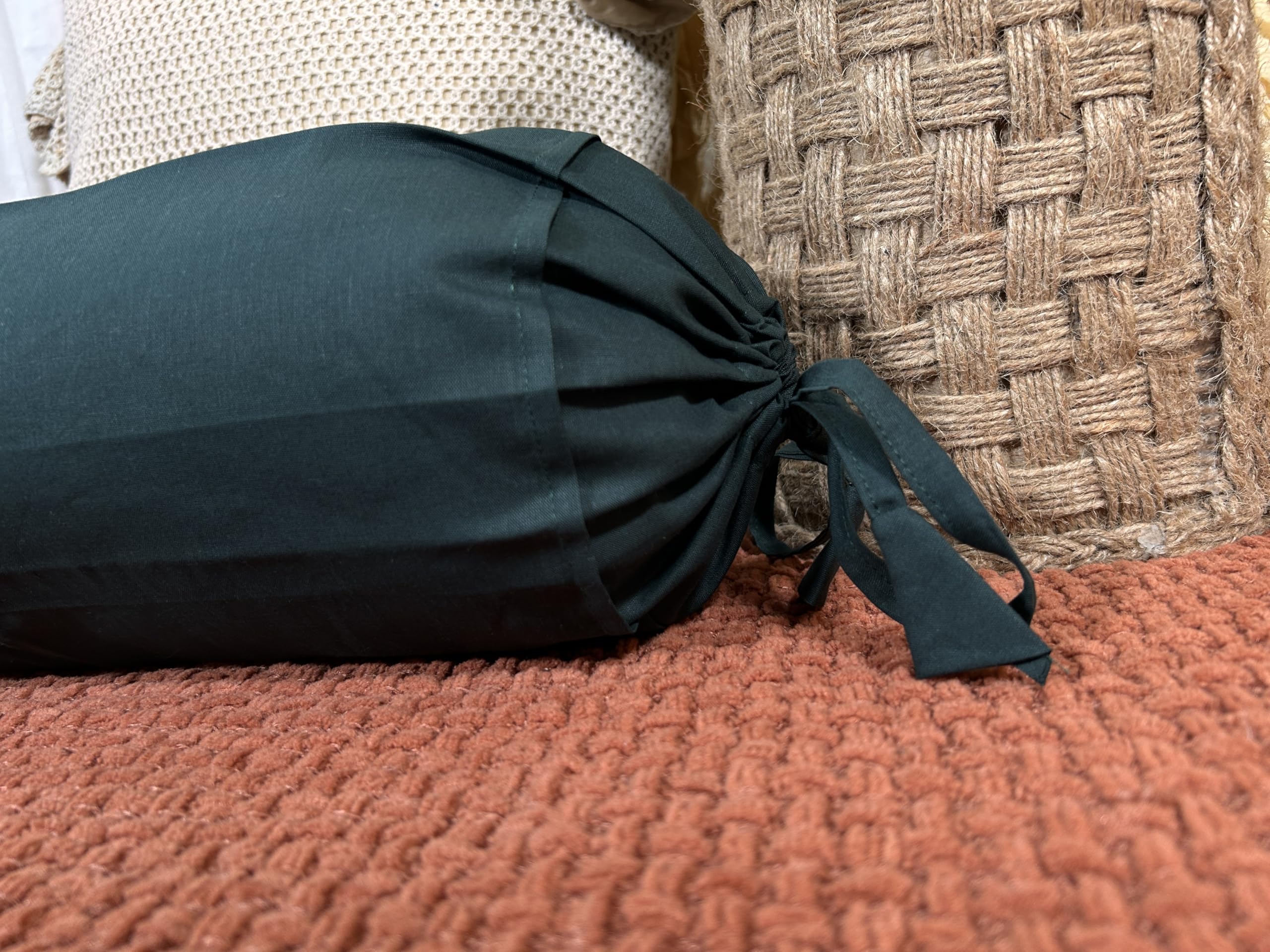 SAFFRON HANDICRAFTS 2 Pcs Cervical Neck Roll Pillow Cover with Drawstring Closures Round Neck Roll Pillow Case Cotton Bolster Pillowcases for Cylindrical Cushion (Bottle Green, 6 x13 inch (15x33 cm))