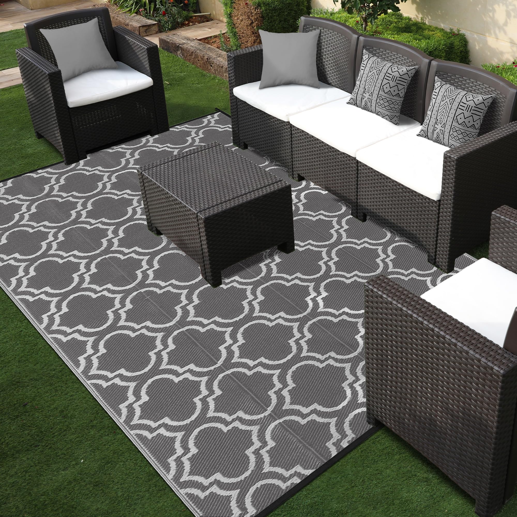 Ompaa Outdoor Plastic Straw Rug for Patio Waterproof, 8x10 Large Reversible Portable Outside Porch Rugs Carpet for Camping Picnic Mat, RV, Backyard, Balcony, Deck, Grey & White