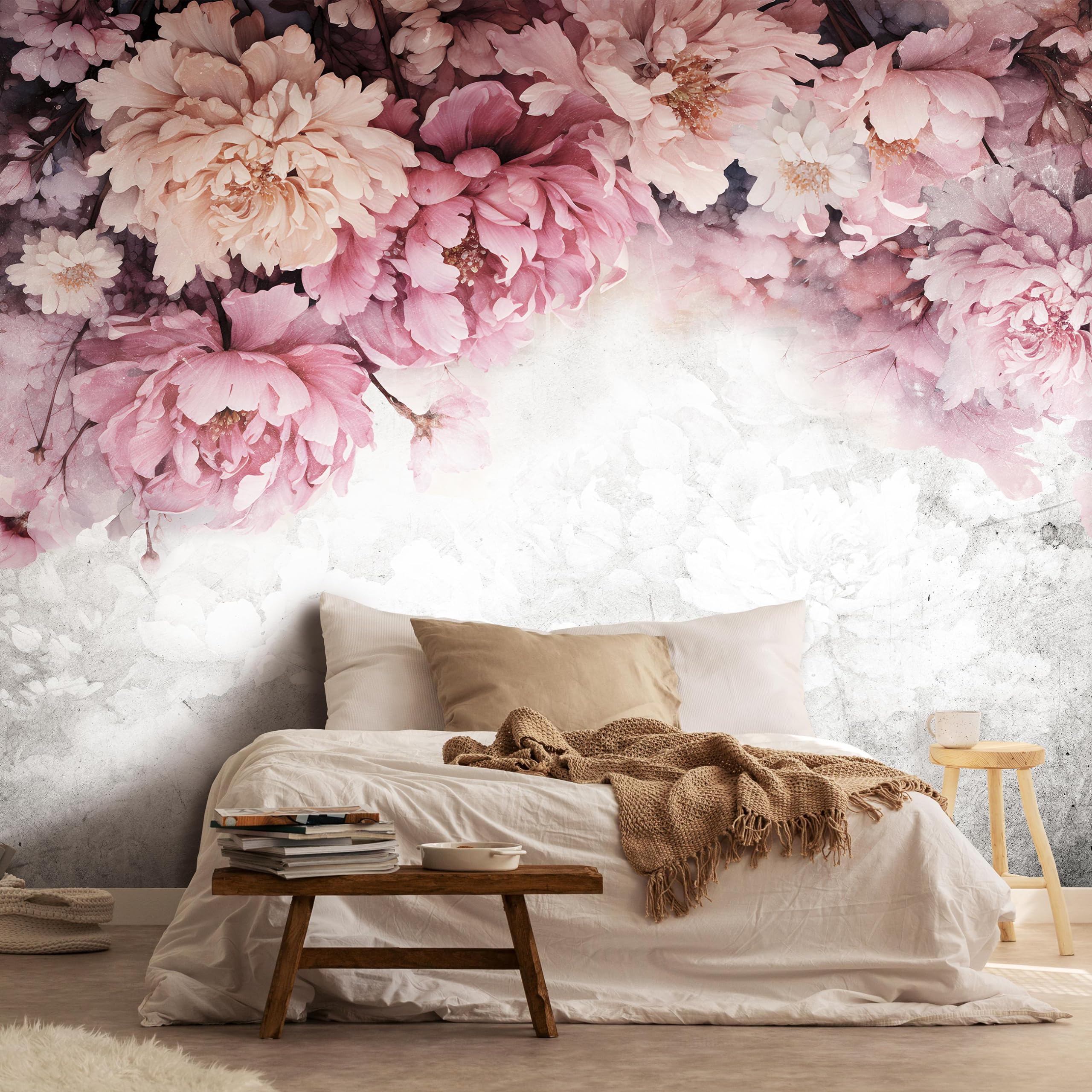 WallArena Vlies Fototapete Blumen Pfingstrosen Rosen Beton 368x254 cm | Hochwertige Vliestapete, für Wohnzimmer Schlafzimmer, Vliestapete Wandtapete Tapete 3D Effekt- inkl. Kleister