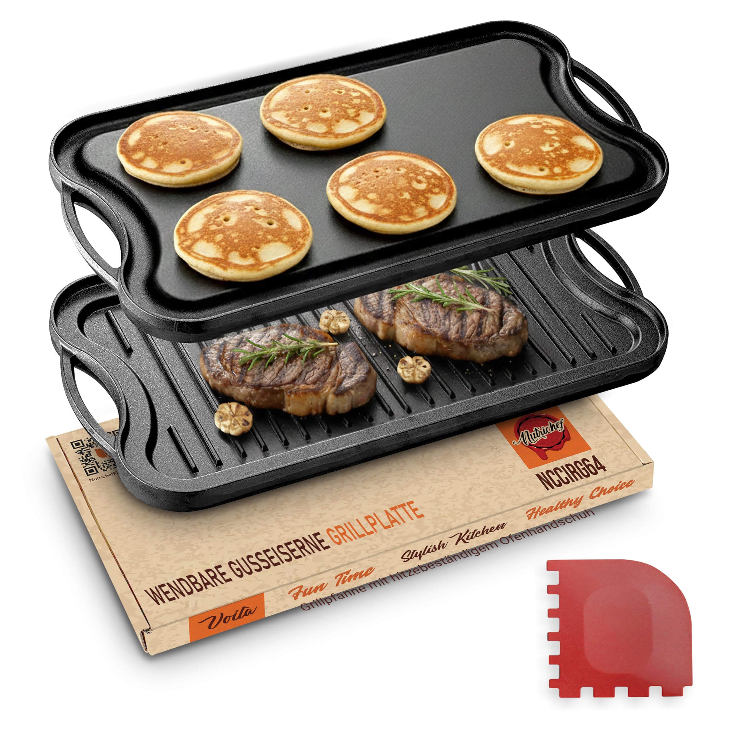NutriChef Grill Plate, 50.70 x 25.68 cm, Plancha Grill Plate, Cast Iron Grill Pan with Smooth and Ribbed Side, Frying Plate for Electric, Gas  Ceramic, Oven, BBQ, Gas Grill, Non-Stick Coating