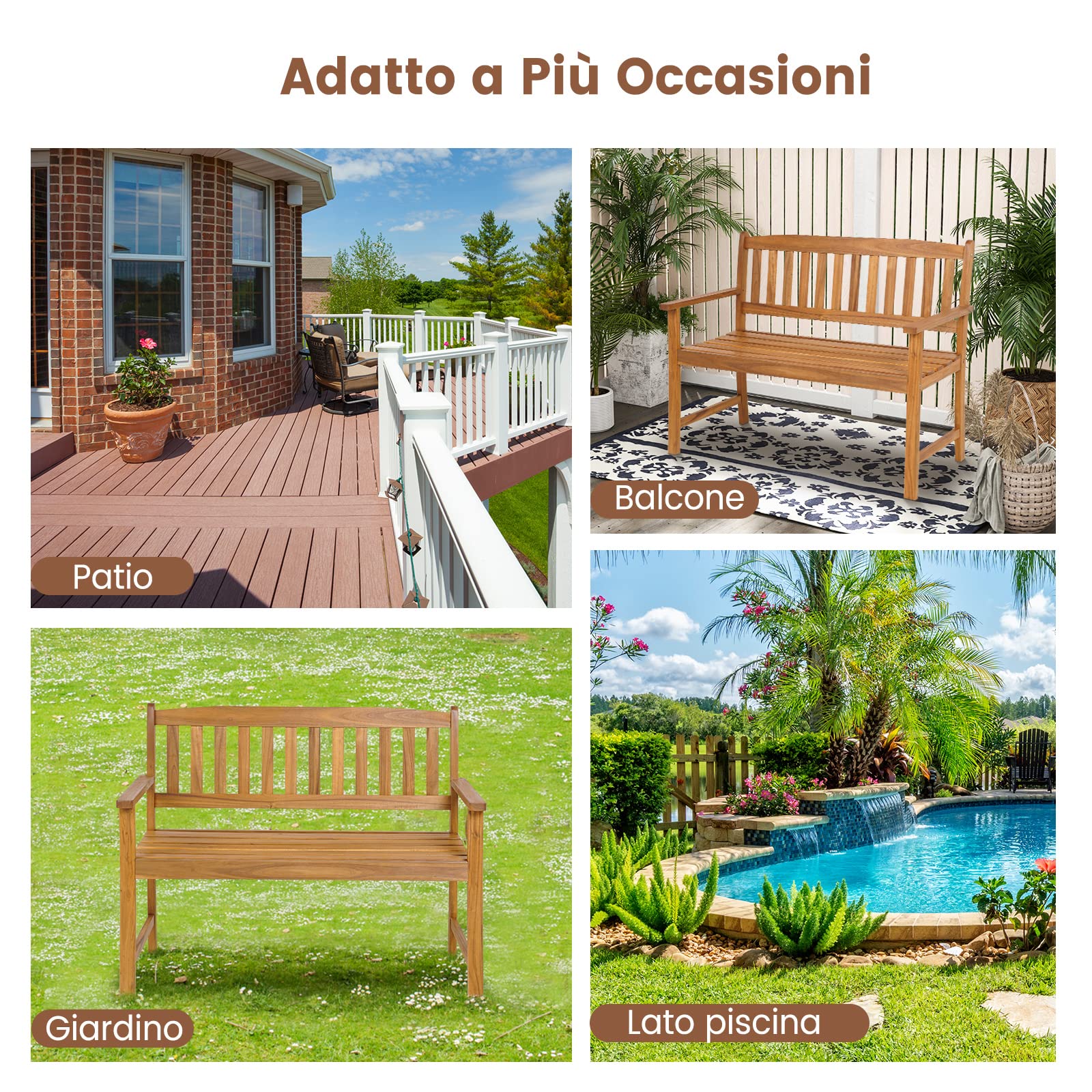 COSTWAY Panchina da Esterno in Legno di Acacia, Panchina con Schienale, Braccioli e Sedile a Doghe, Panchina da Giardino, Balcone e Cortile, Portata 360 kg (110 x 56,5 x 86 cm)