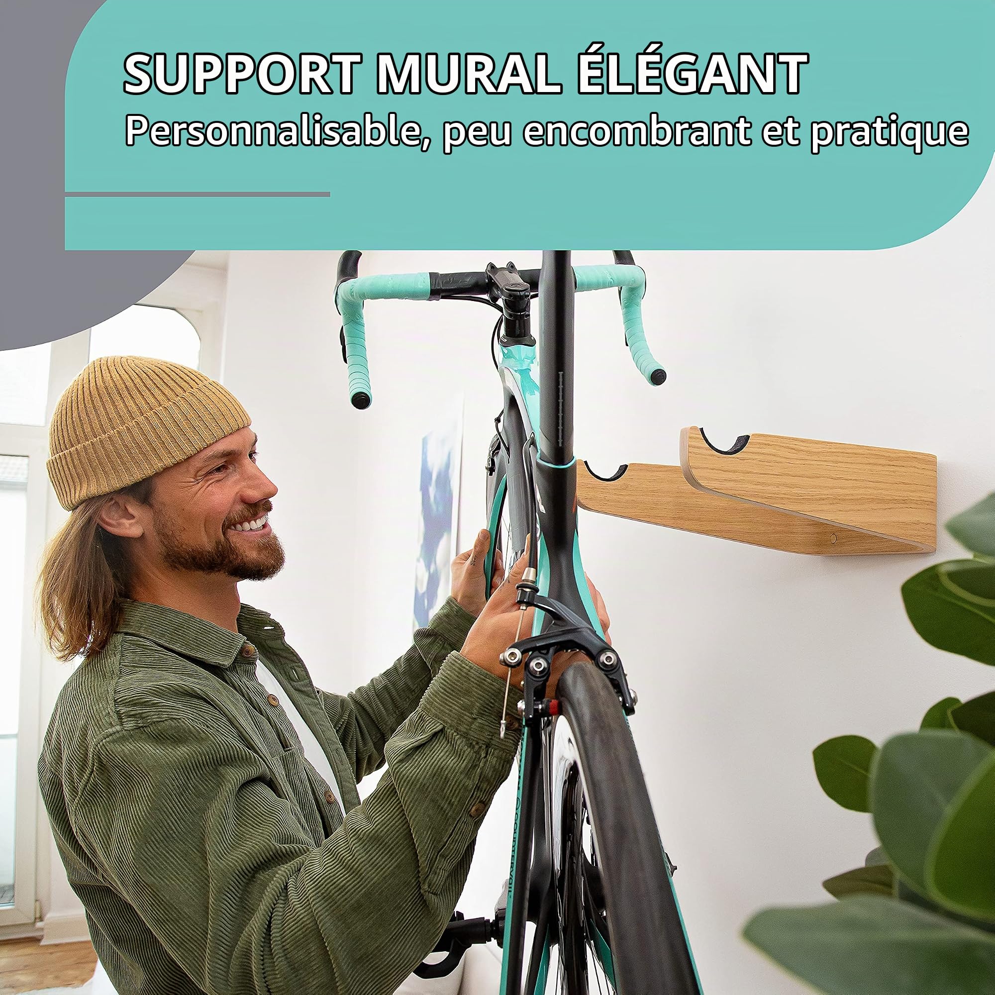 Support mural pour vélo en bois - FlyBike M Chêne - Support mural de vélo design pour appartement - Pour vélo de course, vélo de gravel, vélo de montagne, fixie, vélo singlespeed