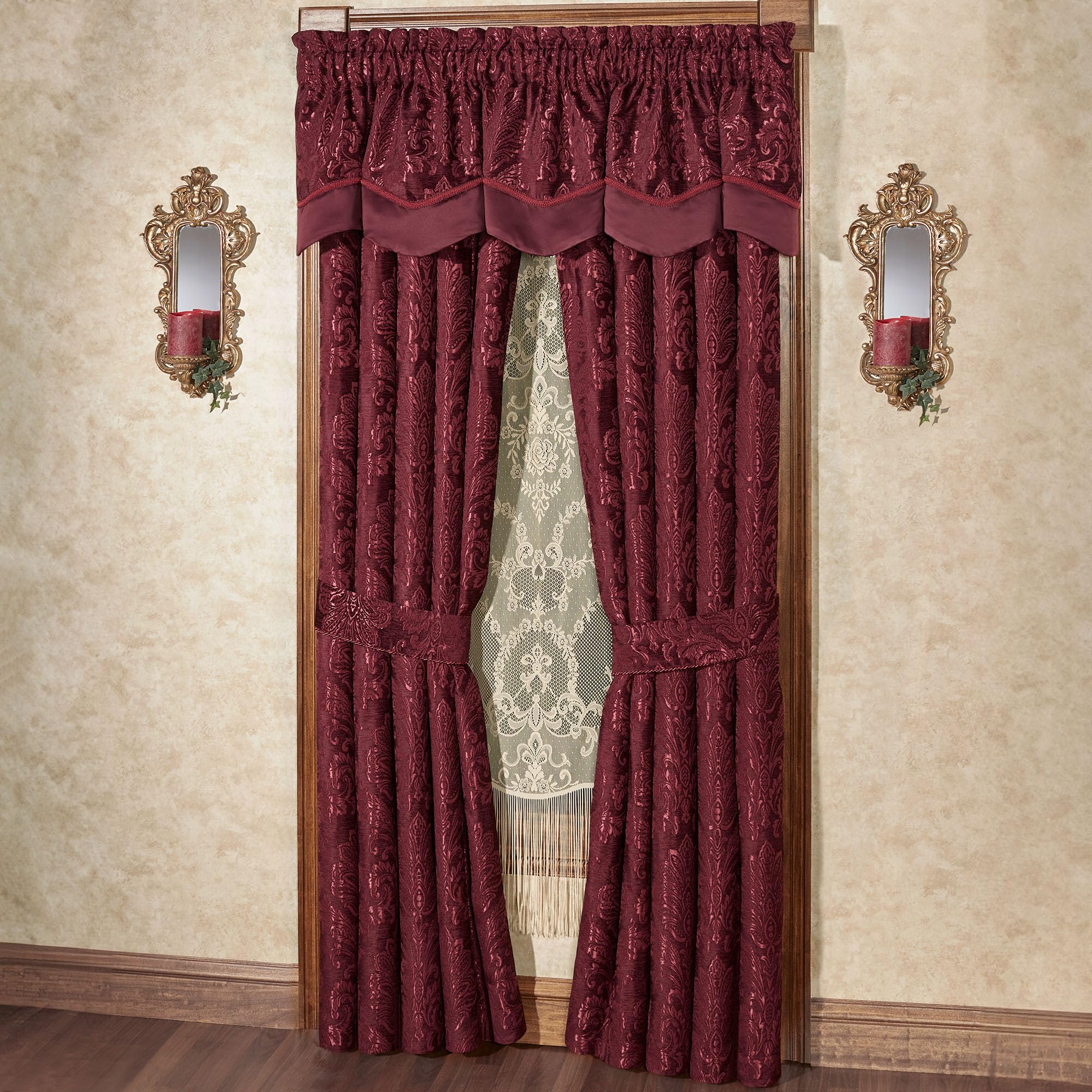 Touch of Class Camelot Luxury Window Treatment | Robust Burgundy | Matte Satin Damask on Richly Textured Jacquard-Woven Chenille Design | Drapery Set Includes Scalloped Valance and 84L Curtain Pair