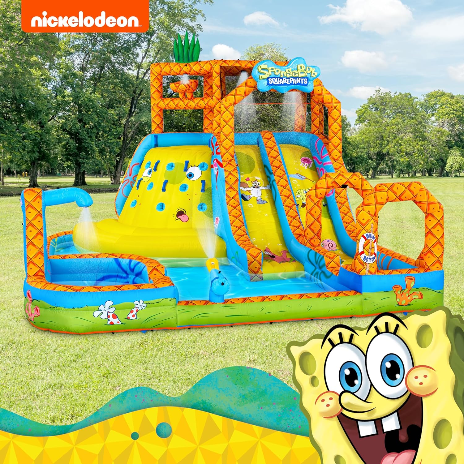 Sunny & Fun SpongeBob Mega Climb N’ Go Inflatable Water Slide Park – Heavy-Duty for Outdoor Fun - Climbing Wall, 2 Slides, Splash Pool – Easy to Set Up & Inflate with Included Air Pump & Carrying Case