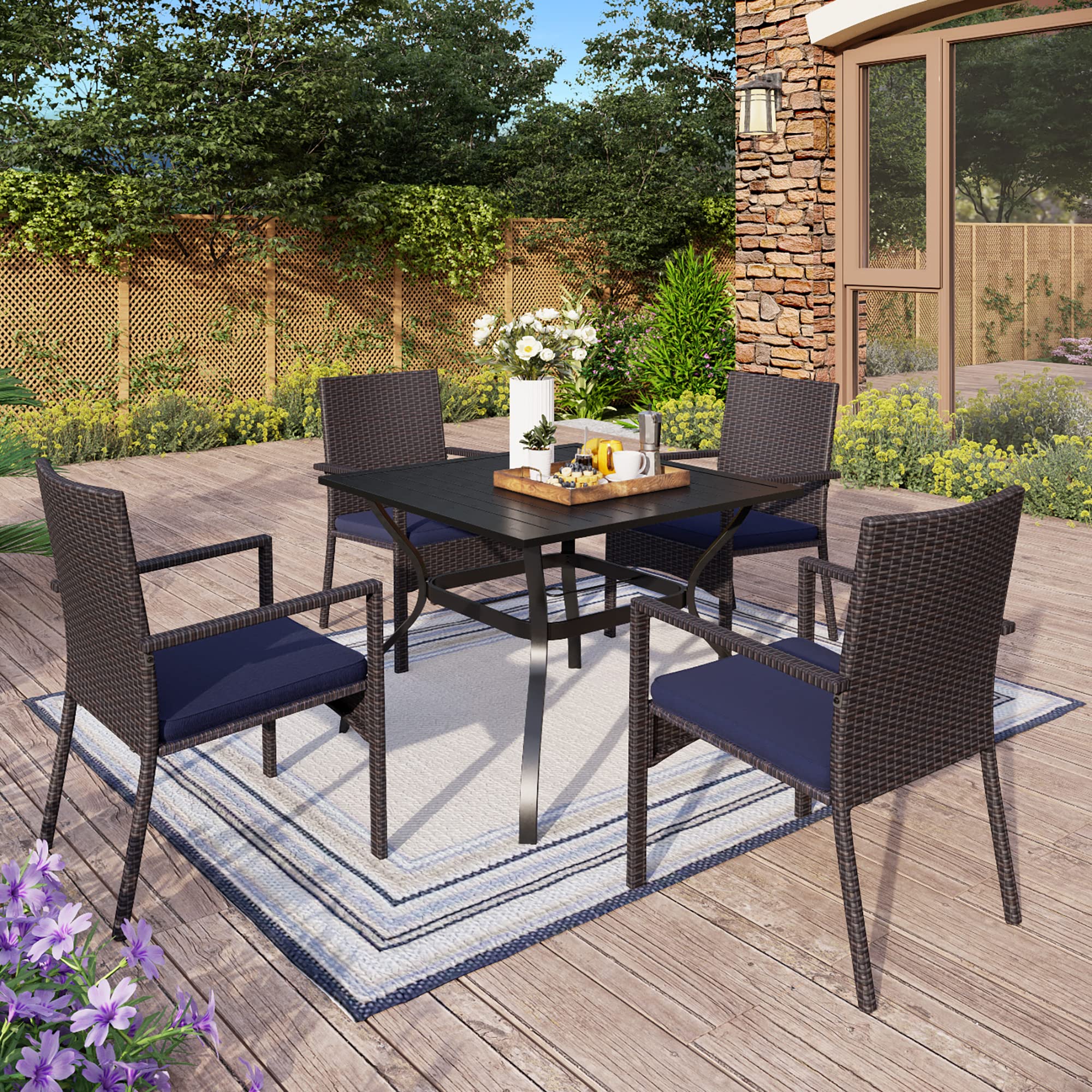 MFSTUDIO 5 Piece Outdoor Patio Dining Set with 4 PE Rattan Chairs and 37" Steel Frame Slat Large Square Table with Umbrella Hole for Backyard, Garden