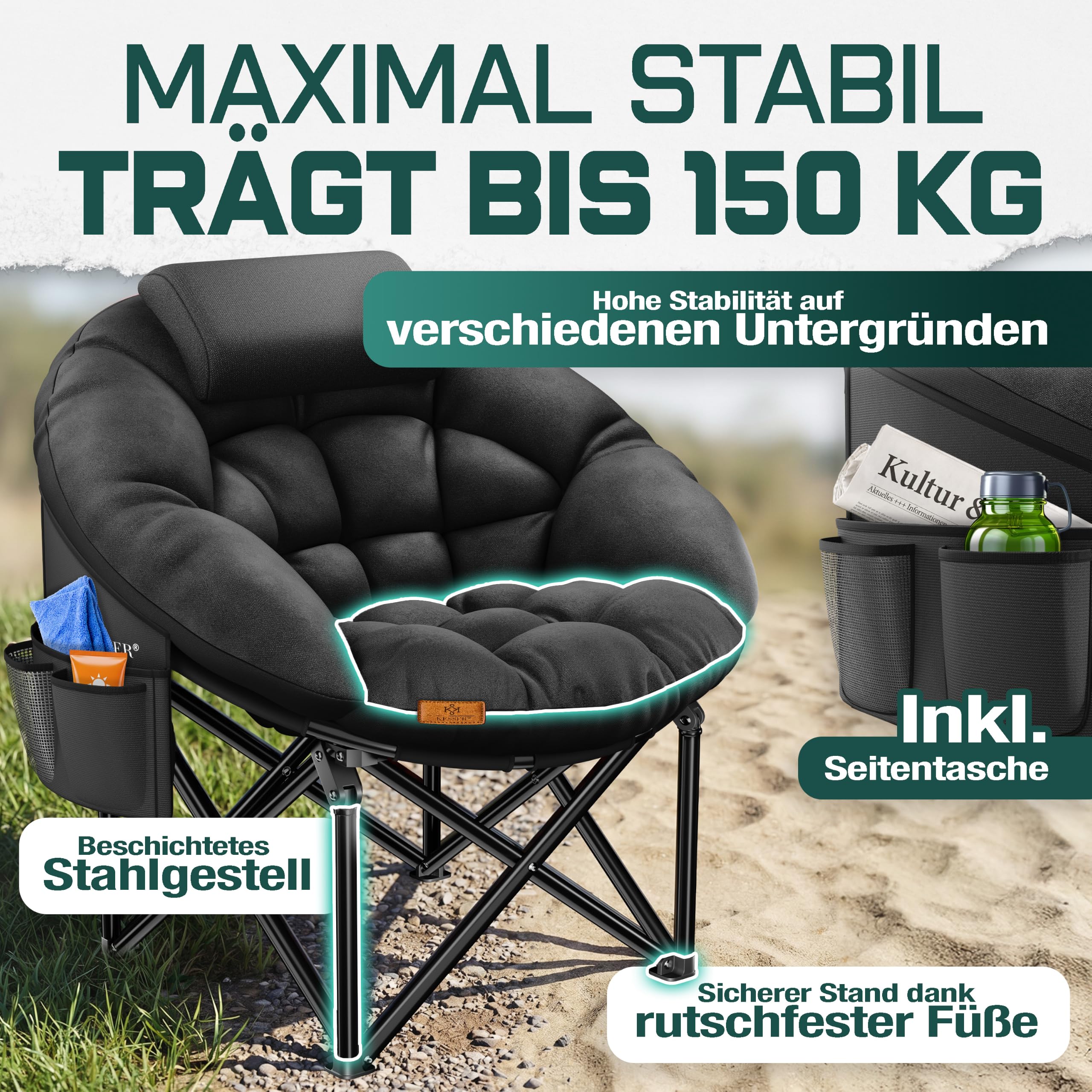 KESSER® Campingstuhl Chillexer faltbar 150 Kg Klappstuhl Ultraleicht und breit, Dickes Polster mit bequemen Kissen und Seitentasche, Cover, Outdoor + Indoor - rund, Camping, Angeln, Festival, Strand