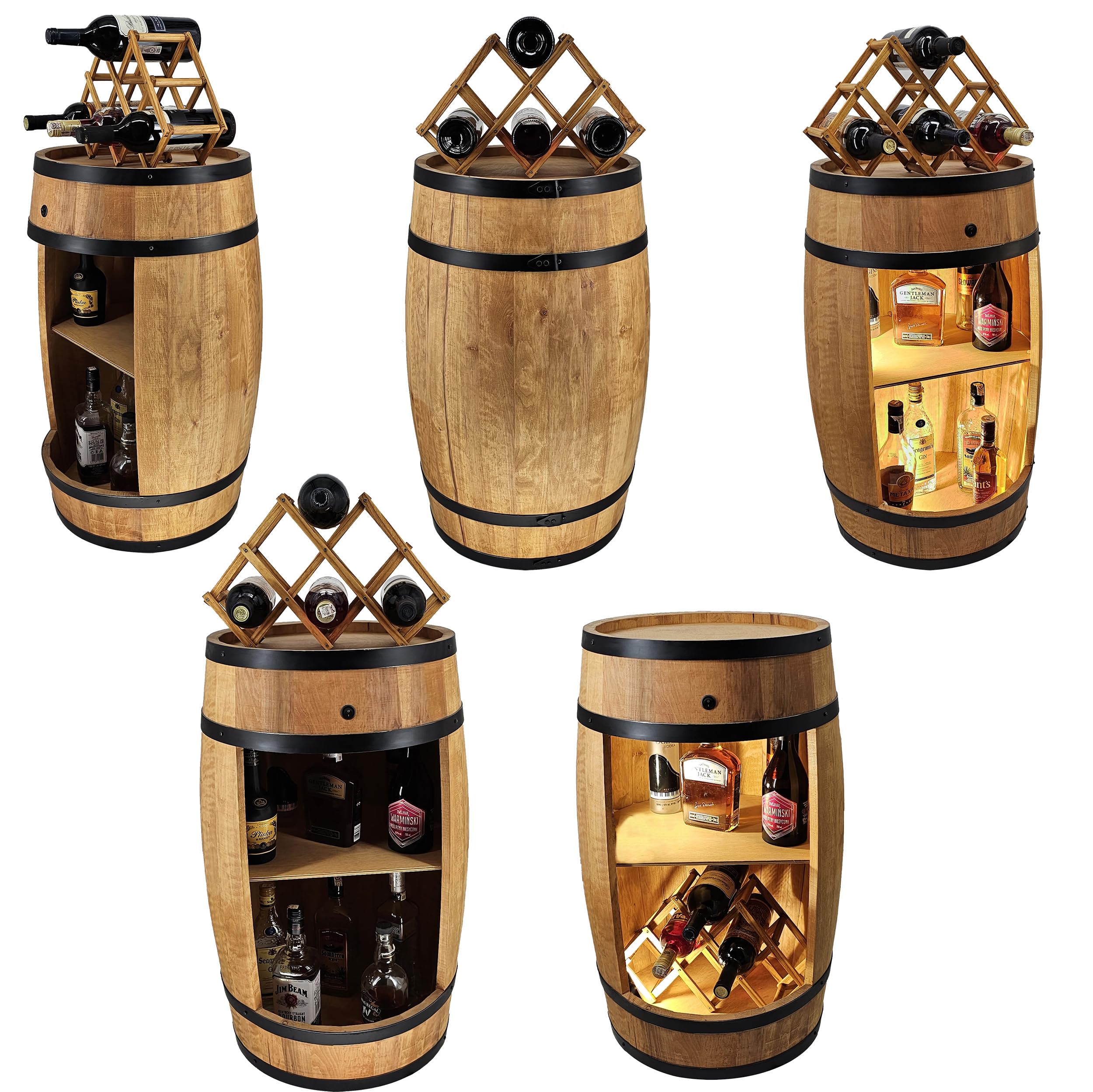 CREATIVE COOPER Barile di Legno a LED Con Portabottiglie per Vino, 80 x 50 cm, Decorazione Rustica per Bar, Whisky (Rovere)