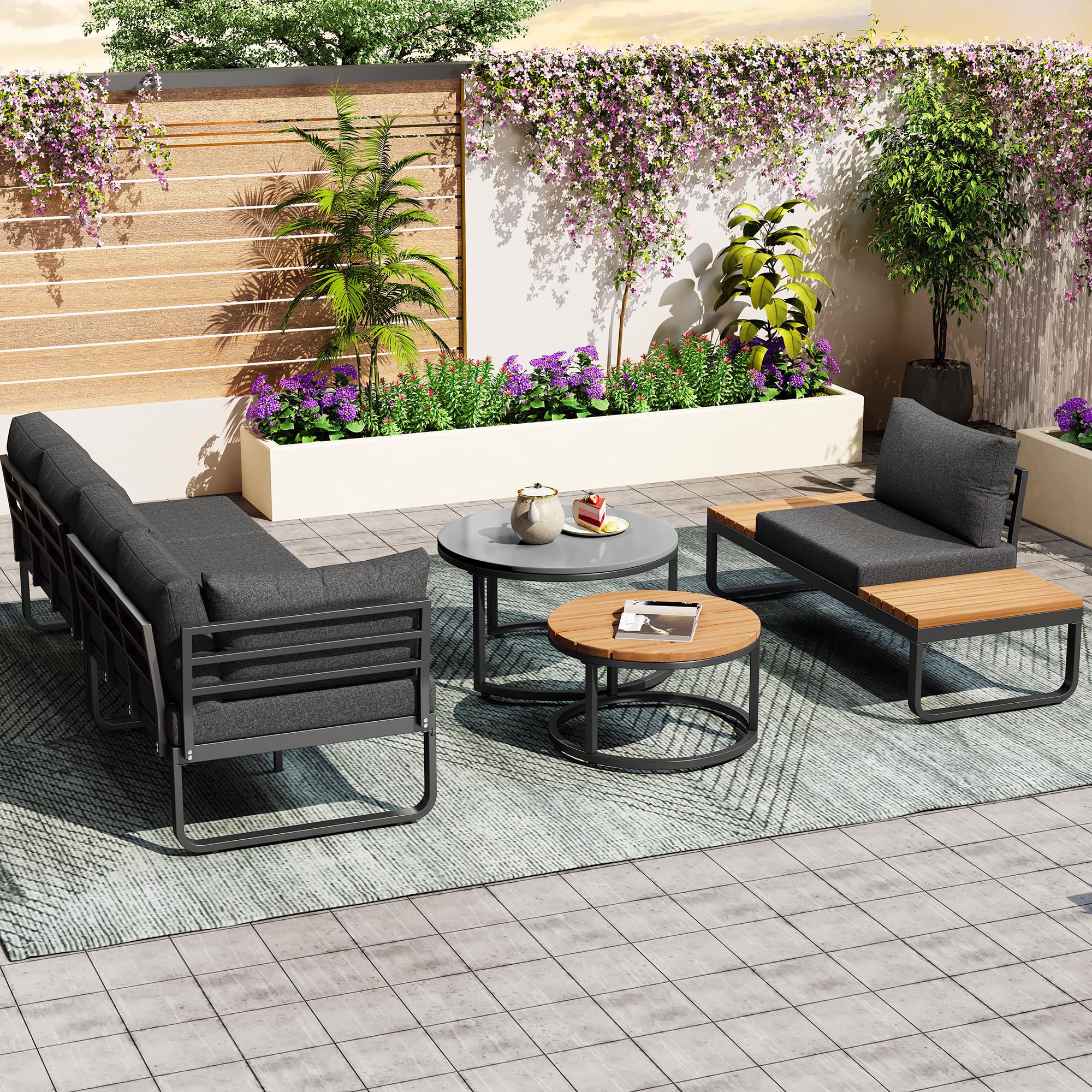 Muebles Jardin Exterior de 5 Piezas con 2 Mesas y Cojín Suave, Sofa Terraza Exterior para 4-5 Personas, Conjunto Jardin Exterior con Patas Ajustables y Mesita Auxiliar, Estructura Metal, Gris