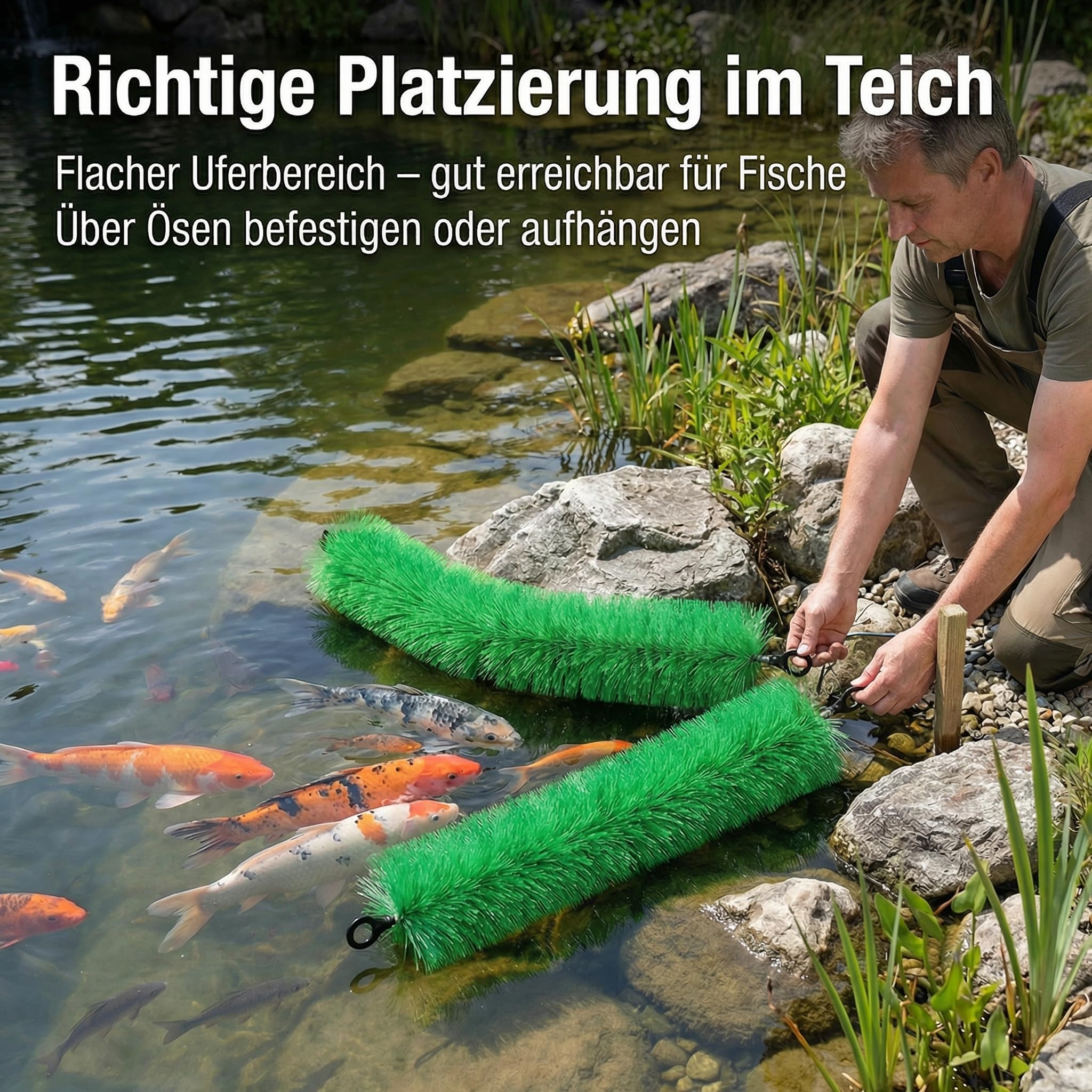 Pondlife Koi Laichbürste Ablaichhilfe, 2er-Set, je 130 cm, Ø 14 cm, weiche PP-Fasern, rostfreier Drahtkern, flexible Laichhilfe für Teichfische im Gartenteich, mit Ösen erweiterbar