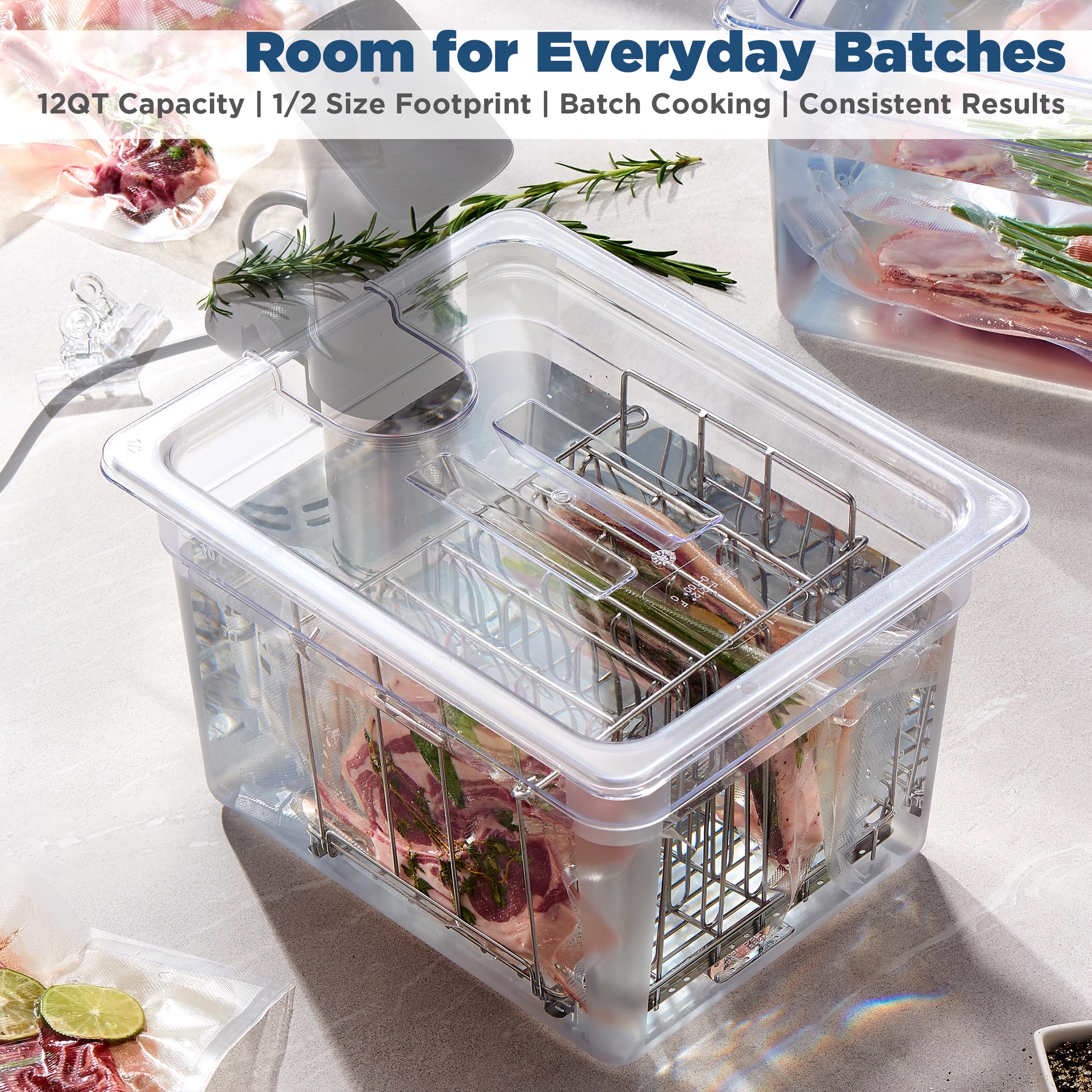 CURTA 12 Qt Sous-Vide-Behälter-Set mit eingekerbtem Deckel, Trennwand und Isolierhülse, 1,27 cm tiefes Polycarbonat-Wasserbad, passend für Anova und die meisten Herde (Tauchzirkulator nicht im
