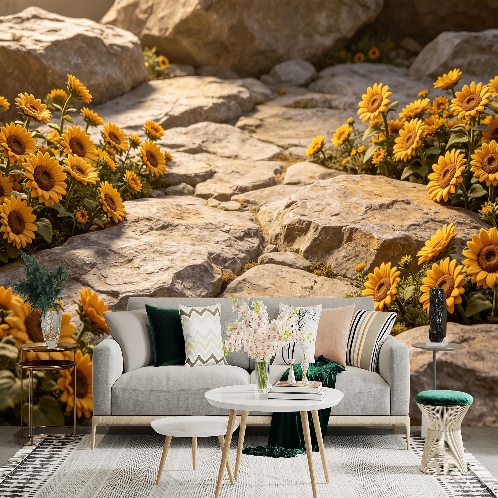 Lnzczhyre Dbh260521811 Custom Size Wall Sticker Mural， Sunflowers Blooming Among Natural River Stones， Rustic Garden Pathway， Warm Sunlight Illumination， For Wall Decoration， Peelandstick Wall Decals.