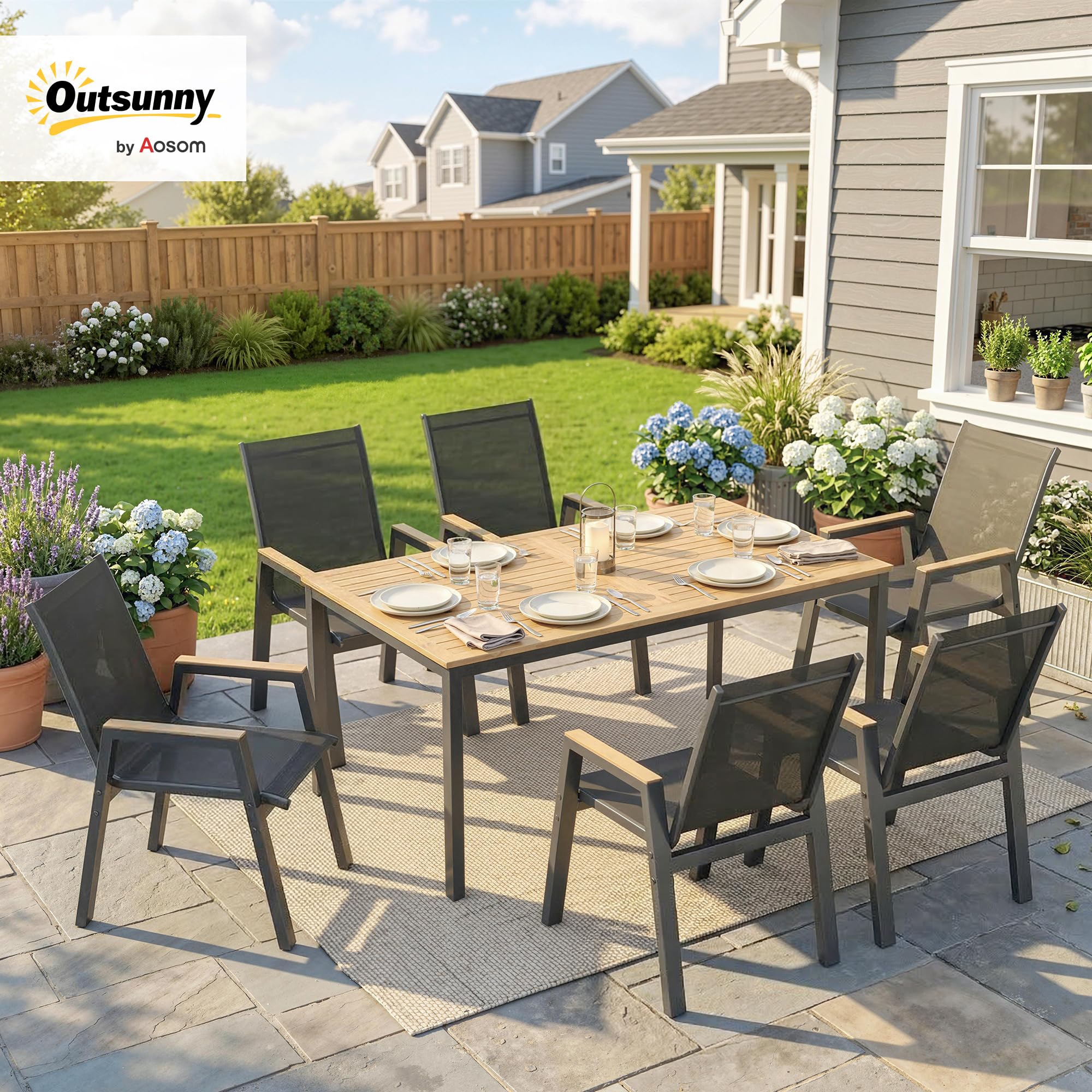 Outsunny Conjunto de Mesa y Sillas Jardín de 7 Piezas, Muebles Jardín Exterior con Mesa con Tablero de Listones Efecto Madera, 6 Sillas Transpirables, Marco de Metal Resistente a la Intemperie, Negro