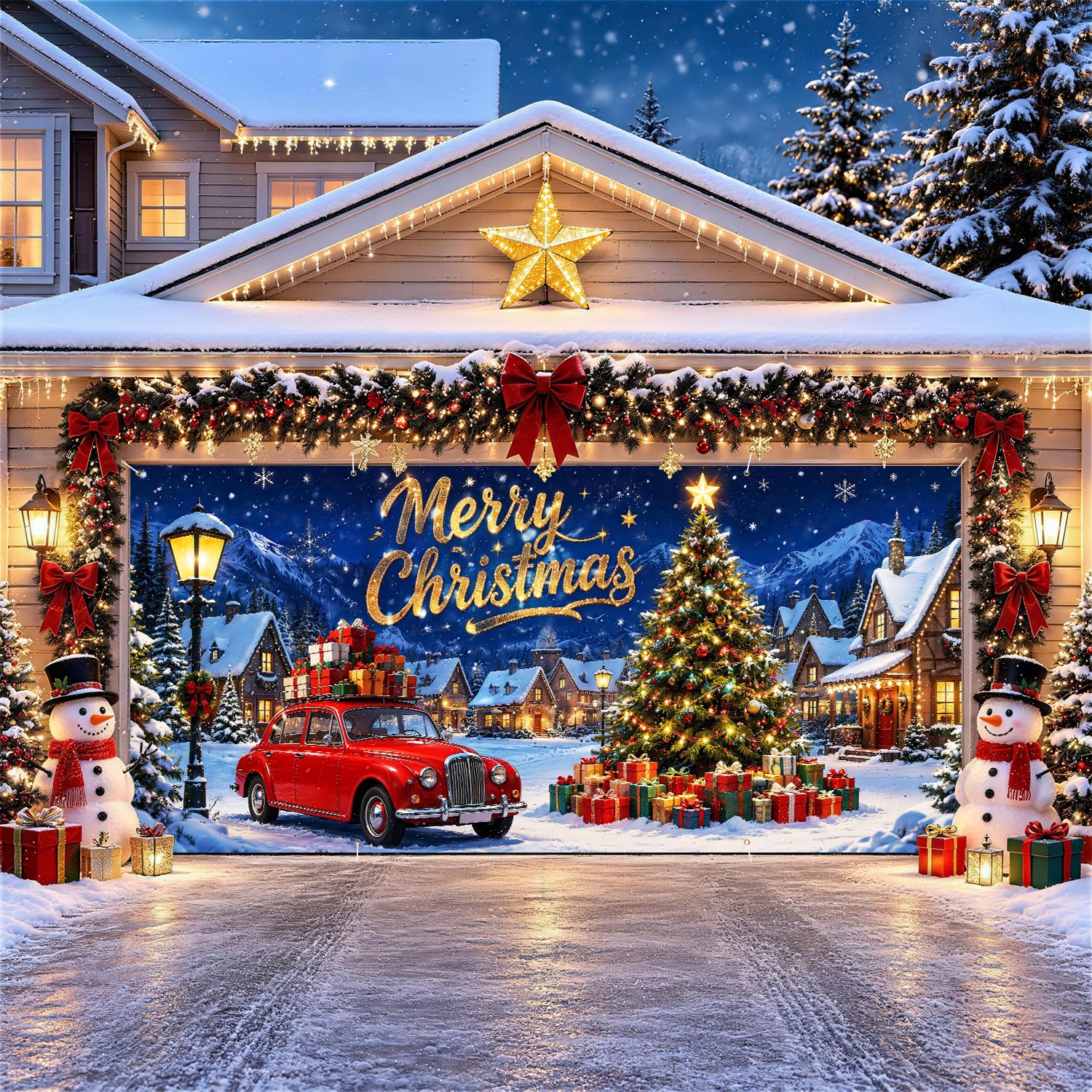 Christmas Garage Door Decorations 6 x 13 ft, Vintage Car Cover