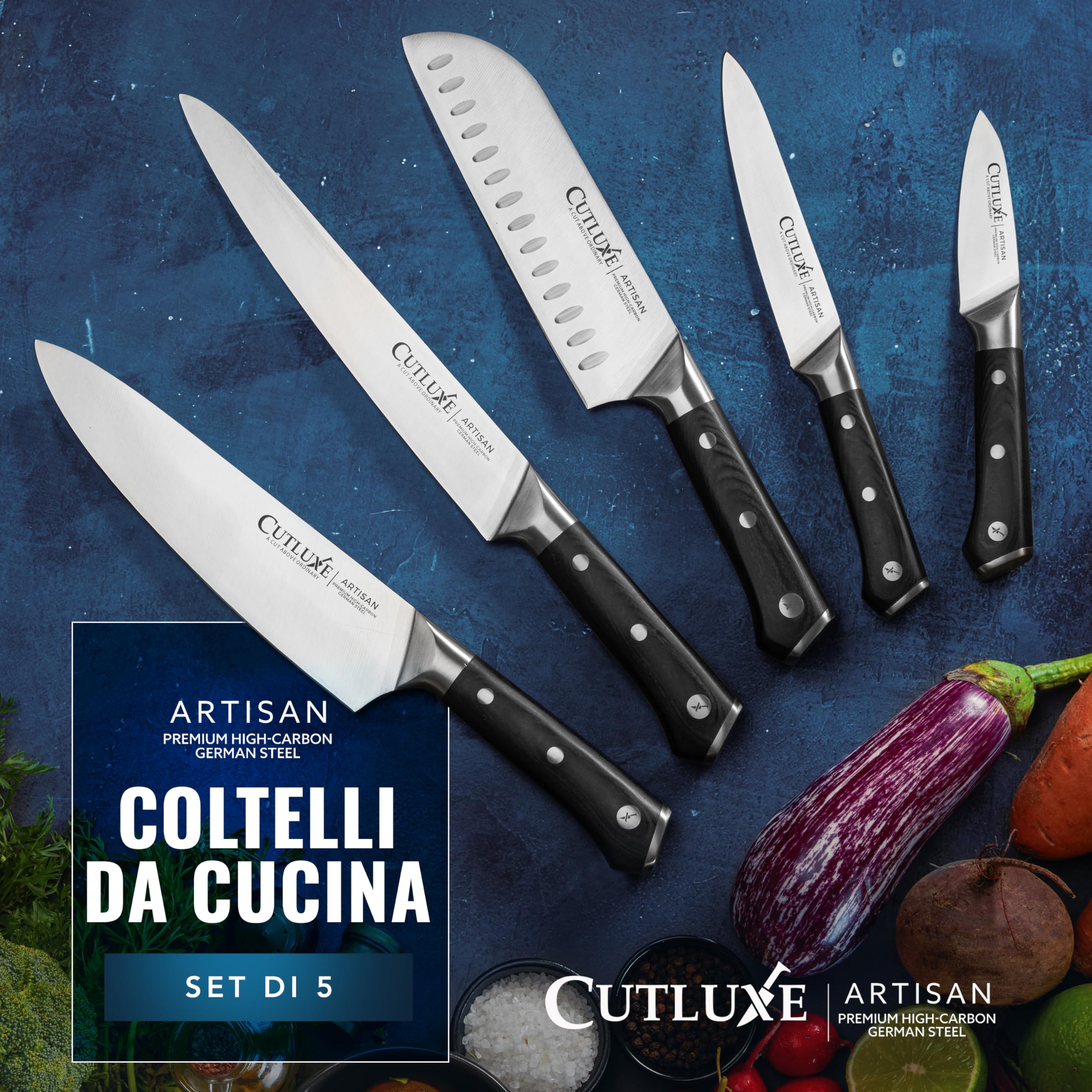 Cutluxe Set 5 Coltelli da Cucina – Acciaio Tedesco, Codolo Intero | Chef 20cm, santoku 18cm, utility 14cm e intaglio 23cm; filo affilato a mano; manico ergonomico
