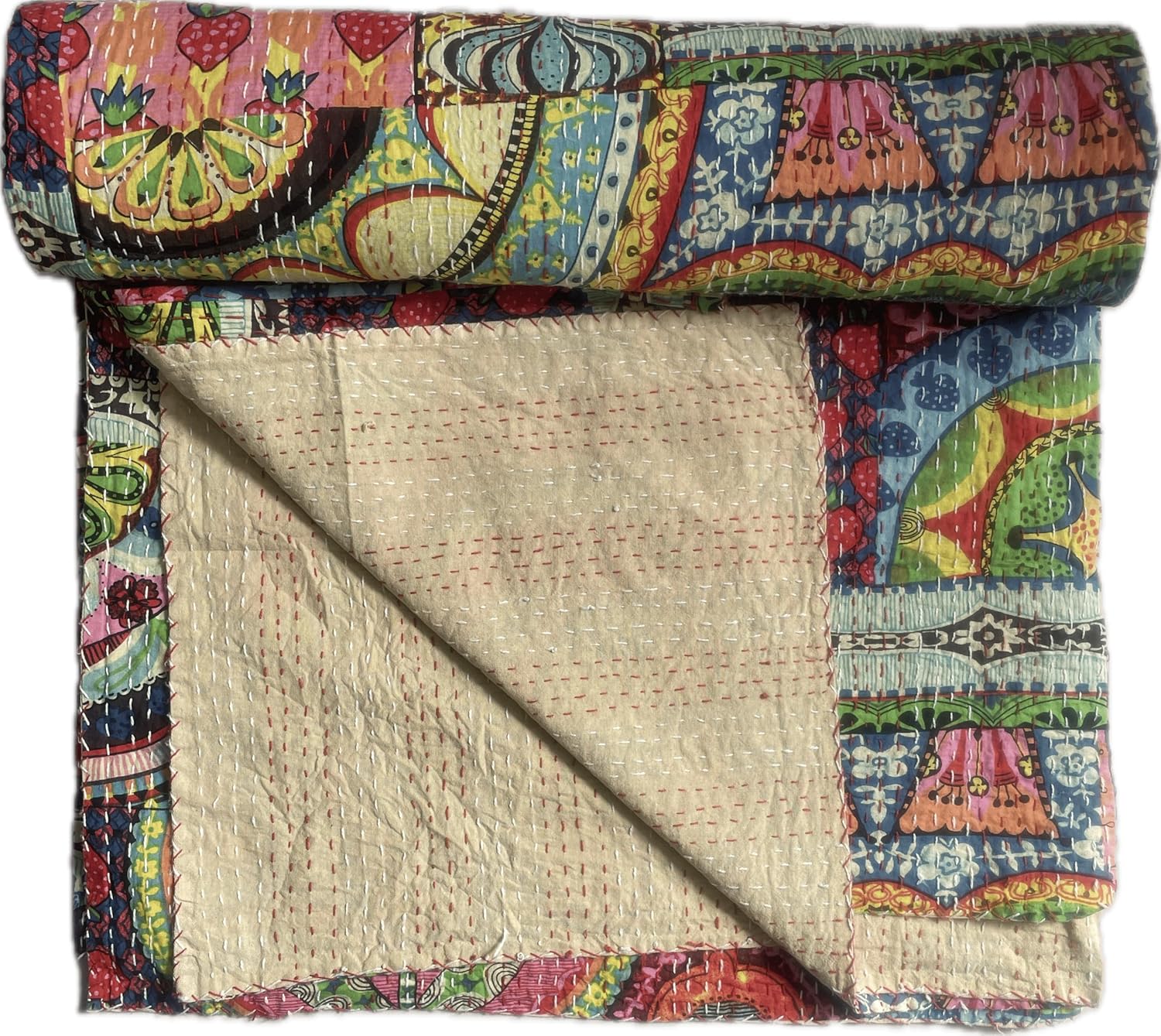 Multi Color Indian Cotton Handmade Quilted Blanket Indian Cotton Floral Print Bedspread Kantha Work Bohemian Bed Decor Throw Blanket Twin/King/Queen (90X108 inches) - Image 6