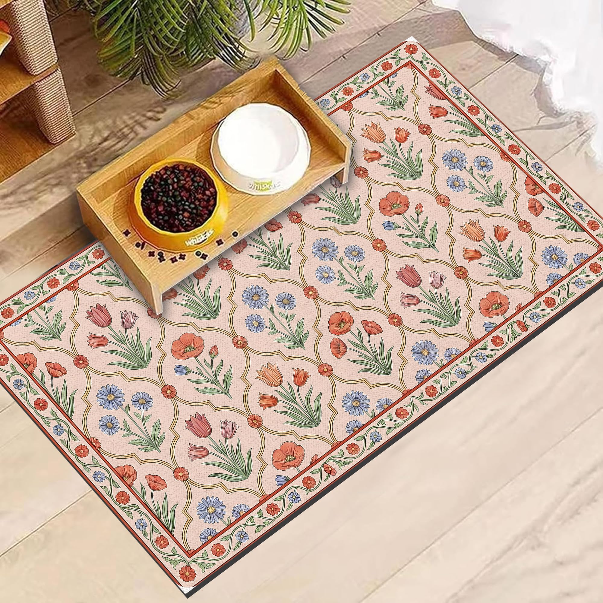 Vintage Floral Pet Feeding Mat, Absorbent Dog & Cat Food Mat for Bowl, Non-Slip Quick Dry Pet Placemat Floor Protector for Messy Drinkers(17 x 30 in)
