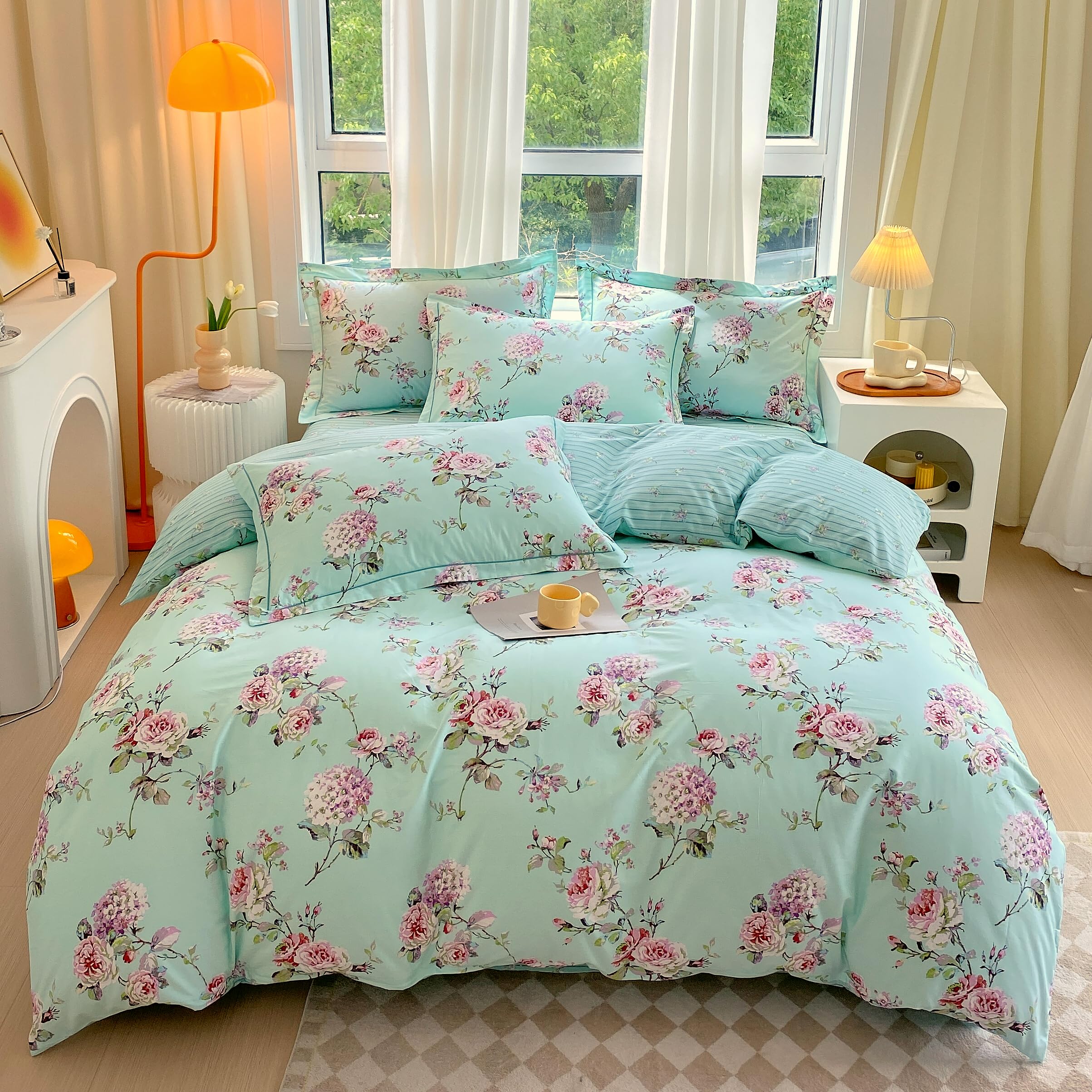 USTIDE Green Floral Duvet Cover Double 100% Cotton Reversible French Country Bedding with Purple Hydrangea Peony Print Zipper Closure 3 Piece Set โ image 1