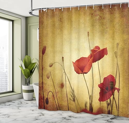 Miniatura 4 de Ambesonne Cortina de ducha de flores de amapola, flores y capullos sobre fondo ambiental grunge, efectos retro, bohemio, juego de decoración de baño