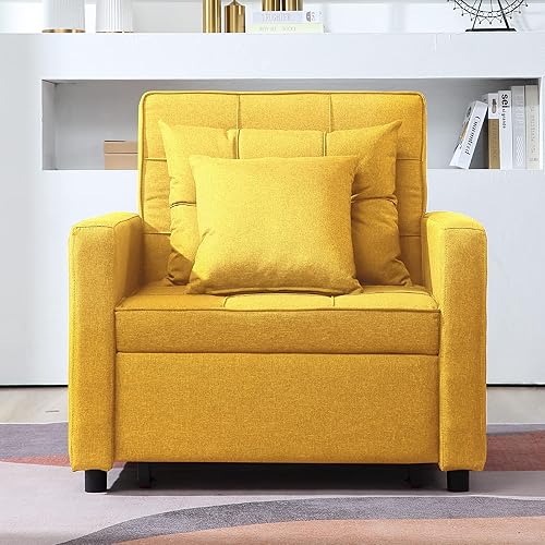 Miniatura 6 de Actualizado Sofá cama convertible, sofá cama con respaldo ajustable, sillón, sofá, cama, silla cama 3 en 1, individual, amarillo