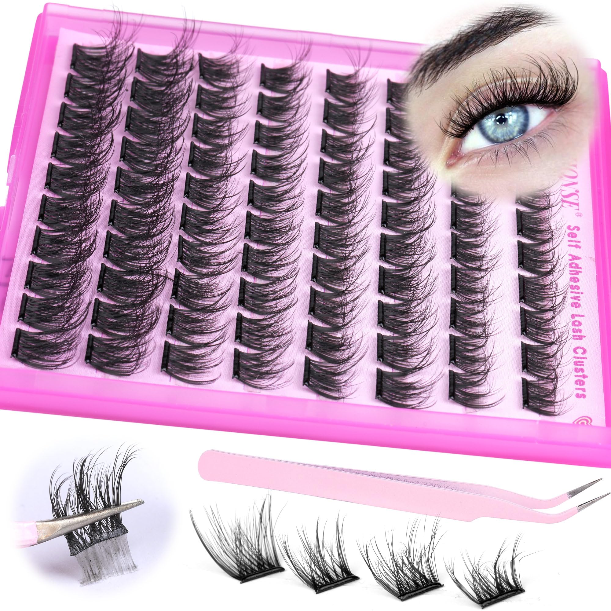 Reusable Self Adhesive Eyelashes Wispy Self Adhesive Lash Clusters Fluffy Press on Lashes Extension 10-16mm Glueless Lashes Clusters with Tweezers by ALPHONSE