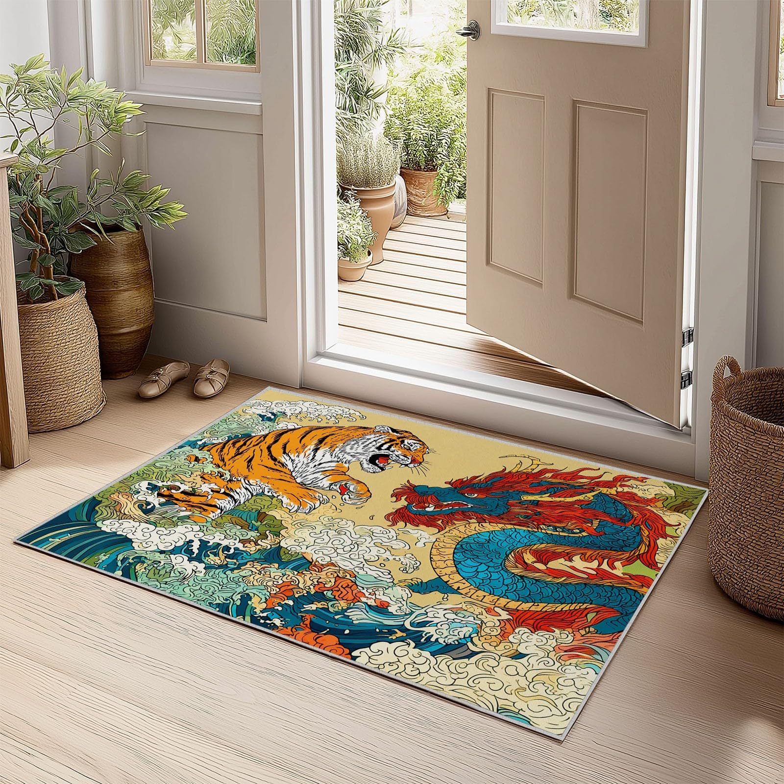 Tapis 90x180 cm, Motif Dragon et Tigre Chinois, Lavable, pour Salon ou Chambre, Style Asiatique, Motif Vagues Marines japonaises, Fin et antidérapant