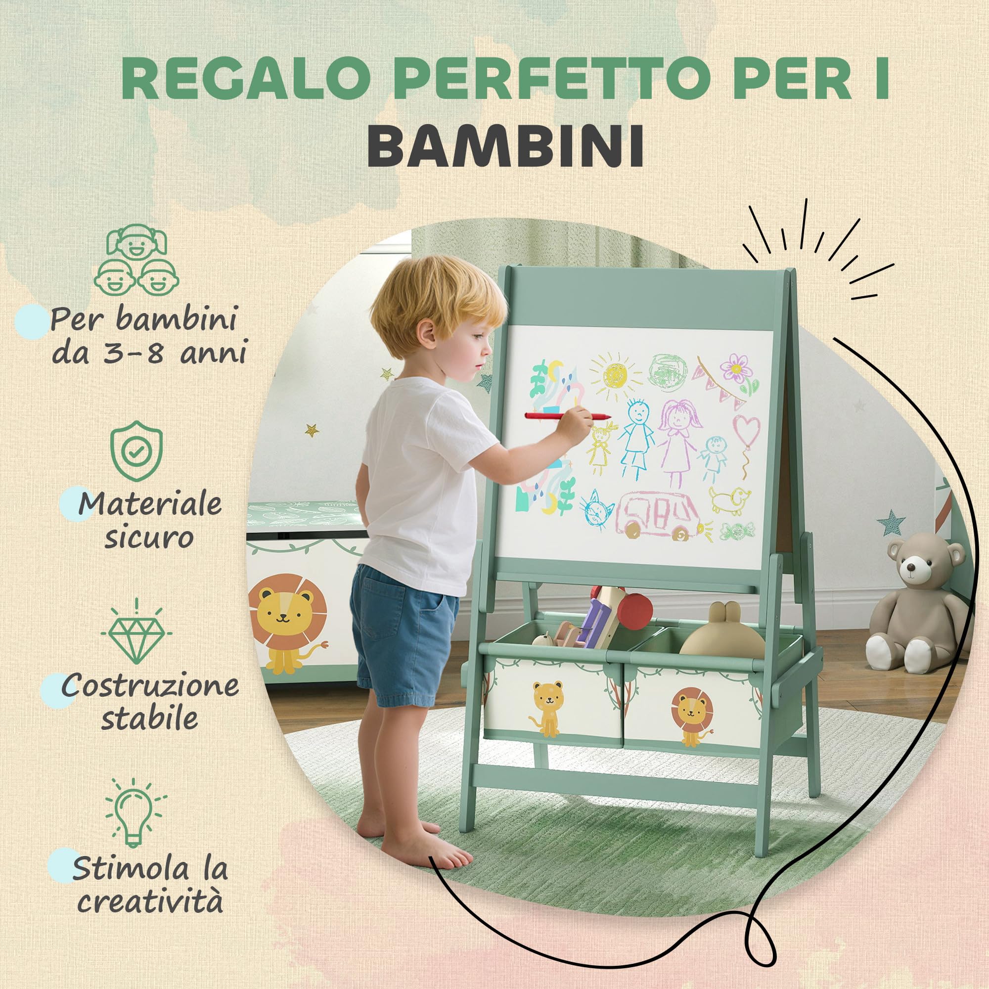 AIYAPLAY Lavagna per Bambini 3 in 1 con Rotolo di Carta e 2 Cestelli Portaoggetti, Lavagna con Cavalletto in Legno di Pino e MDF, 54x46x94 cm, Verde
