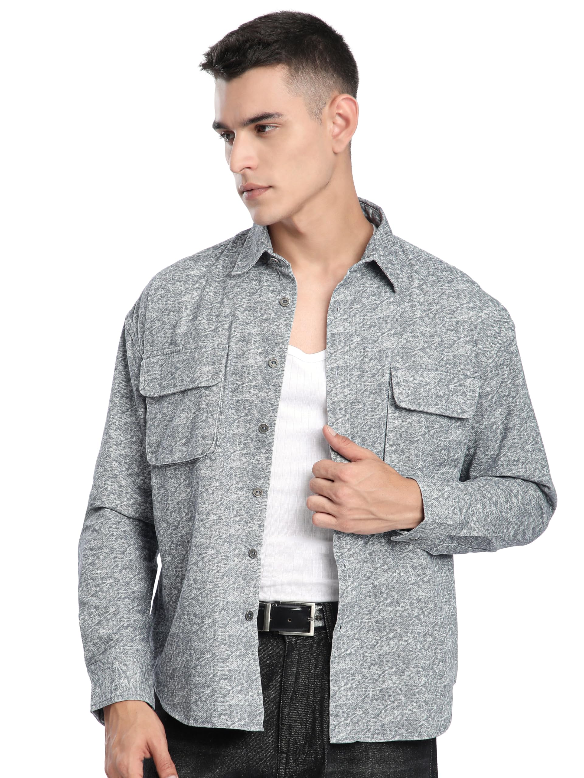Grey Dye Effect Overshirt for Men-image-33