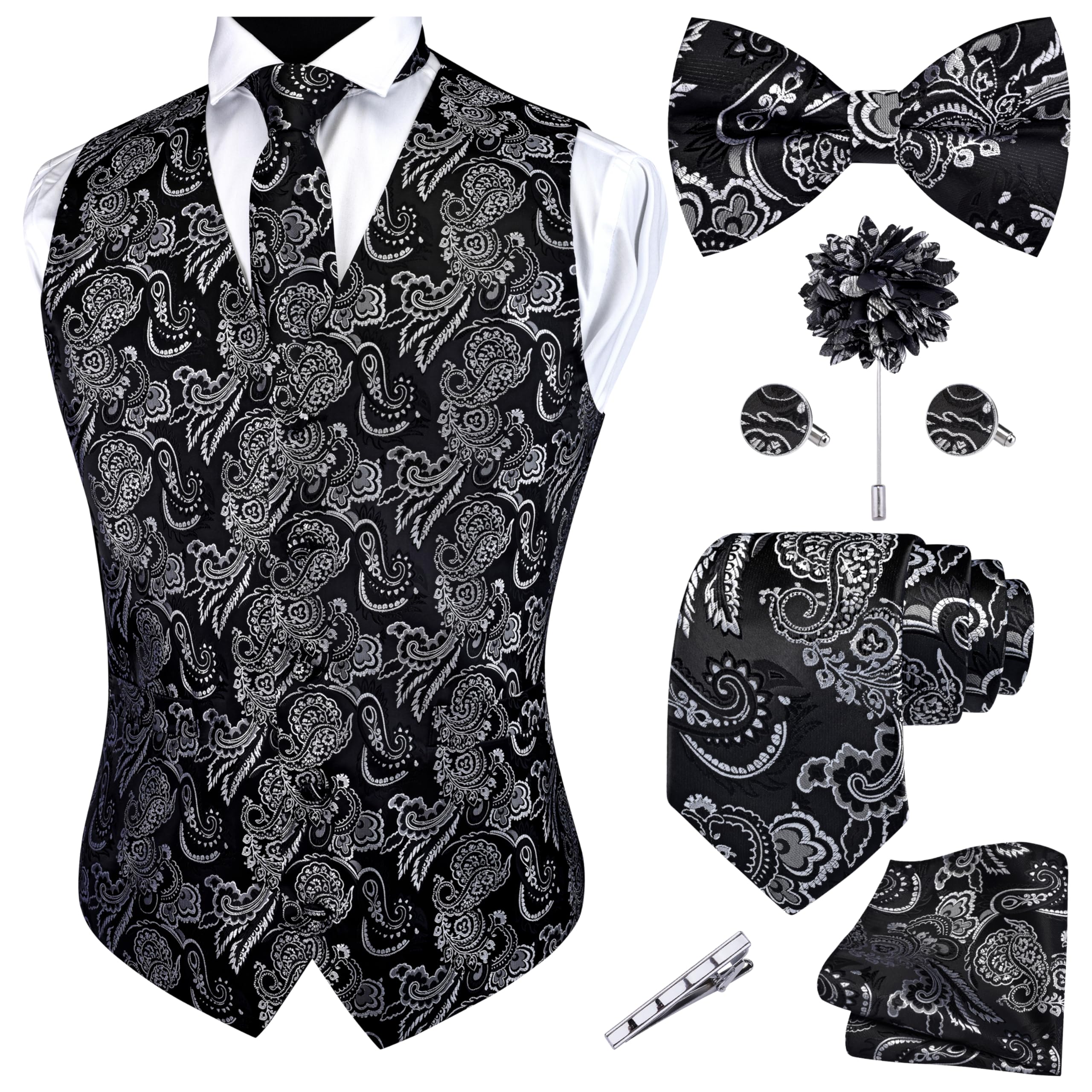 GUSLESON Formal Men Vest Paisley Floral Jacquard Tie Waistcoat Bow tie Hanky Lapel Pin Cufflinks Set Wedding 7PCS