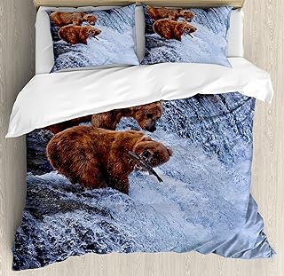 Ambesonne Africa Duvet Cover Set, Grizzly Bears Fishing in The River Waterfalls Cascade in Alaska Nature Camp View, Decorative 3 Piece Bedding Set with 2 Pillow Shams, King Size, Brown White
