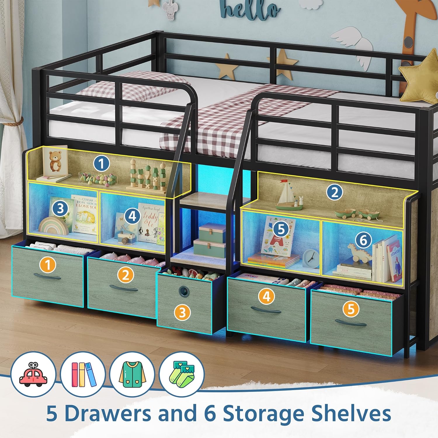 Twin Loft Bed, Low Loft Bed Twin with 5 Drawers, 6 Storage Bookcase & Under-Bed Play Space, Loft Beds for Kids with LED Lights & Charging Station, 15" H Safety Guardrails, Oak Gray