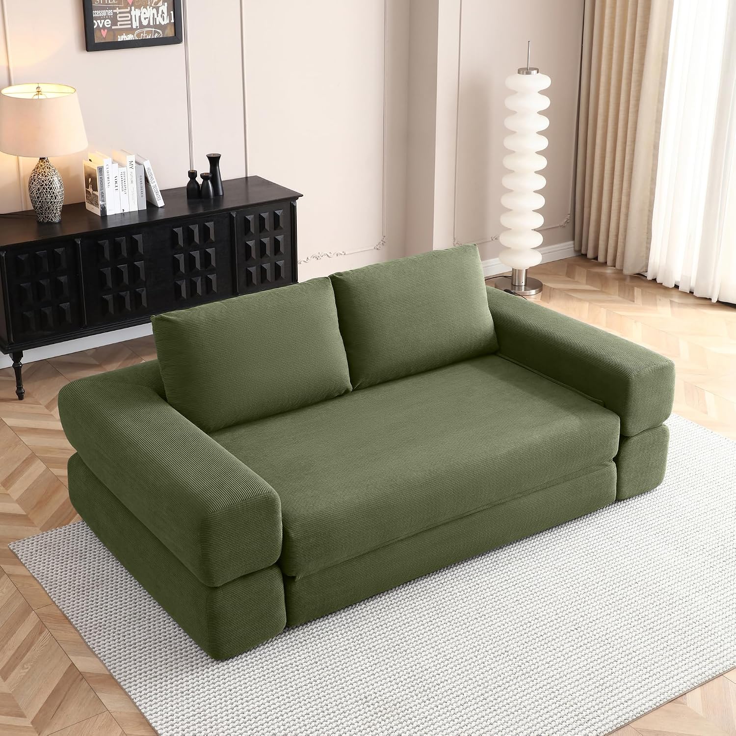 81'' Corduroy Convertible Futon Sofa Bed, 3 in 1 Folding Floor Boneless Sleeper Couch with Pillows, Comfy Foldable Lounge Fold Out Floor Mattress for Apartment/Living Room (Green) | Queen Size, Loveseat, In a Box