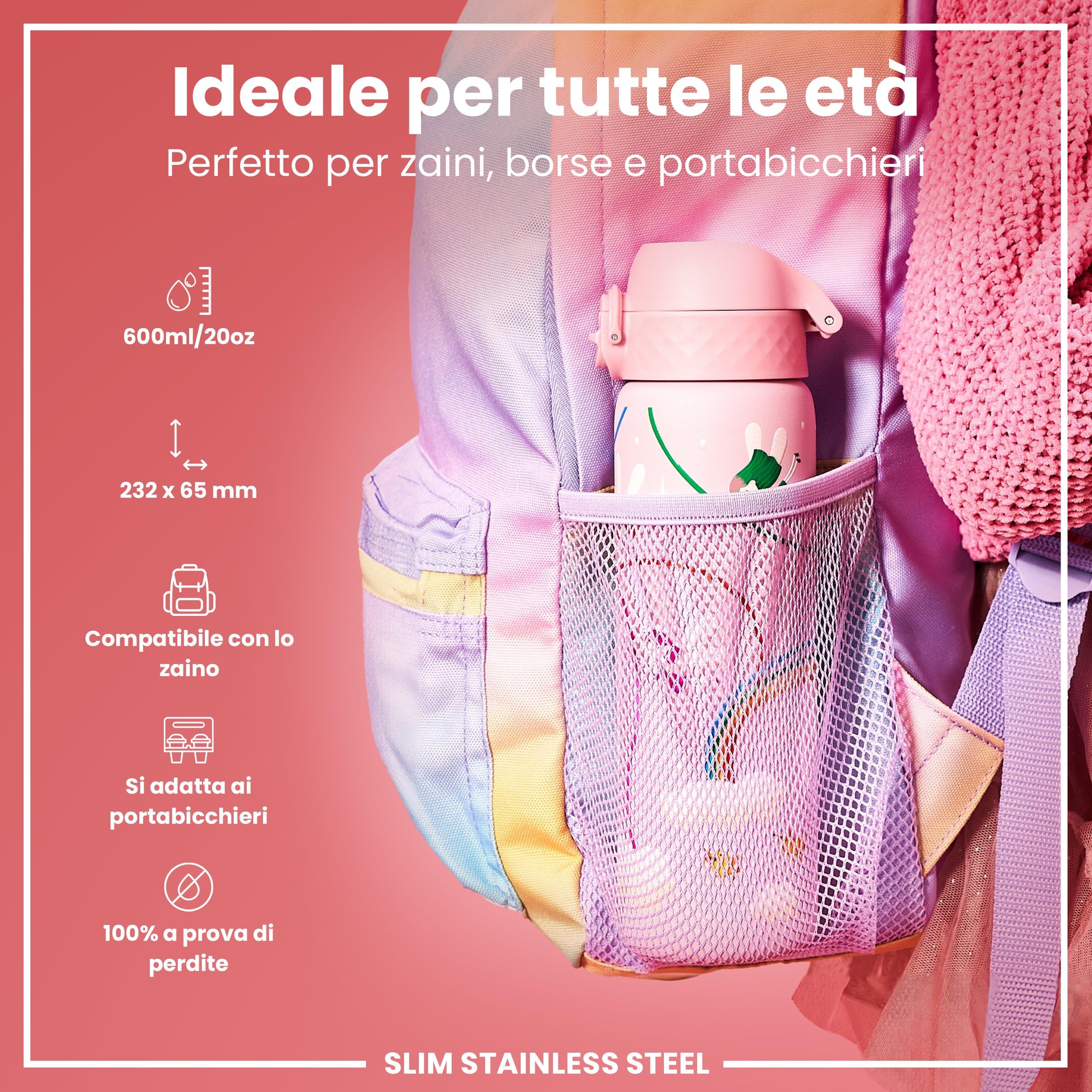 Ion8 Borraccia Inox Leggero, 600ml, Non Isolato, a Prova di Perdite, Facile da Aprire, Serratura Sicura, Lavabile in Lavastoviglie, Adatta a Portabicchieri, Durevole, Fate
