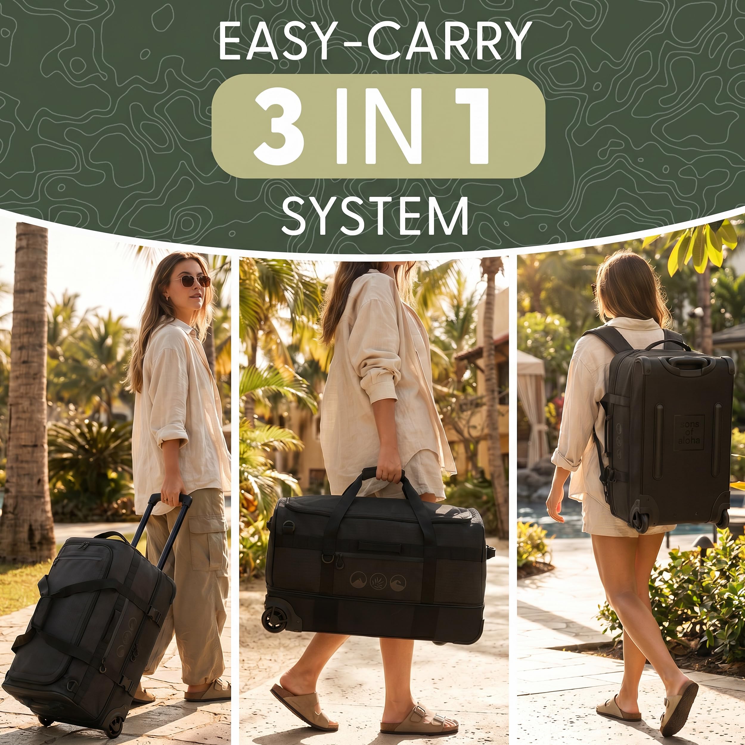 Bolsa de viaje XL con ruedas 3 en 1, mochila de viaje y carrito impermeable | Flow con compartimento para zapatos y esquinas protectoras para hombre y mujer | mochila de viaje de alta calidad Ripstop